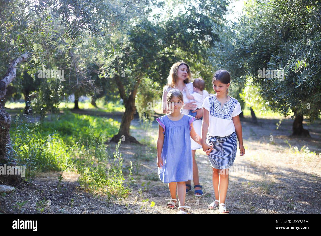 Madre e tre bambini in Oliveto Foto Stock