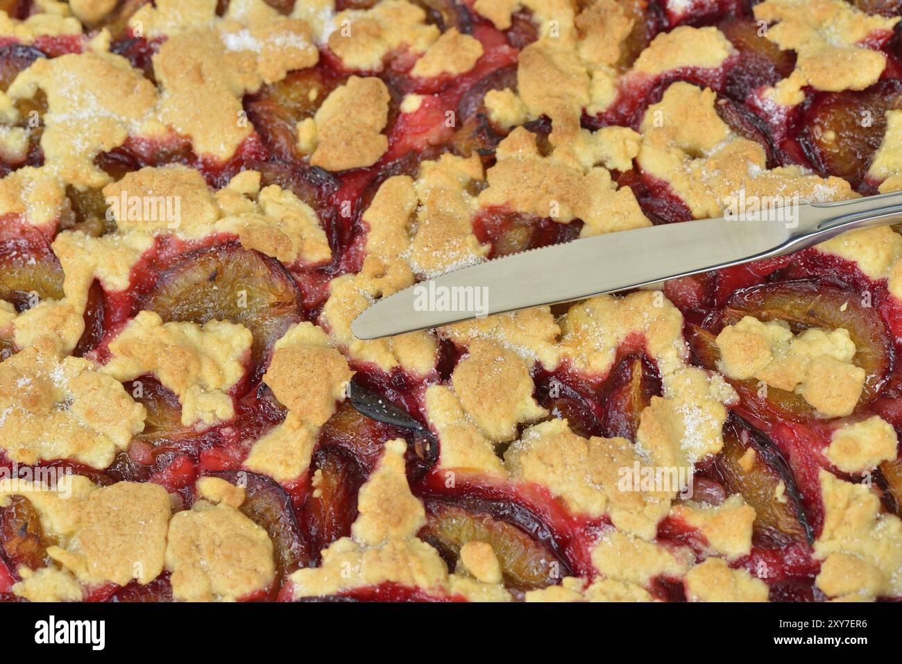 Torta di prugne appena sfornata. Primo piano di una torta di prugne, torta di prugne con crumble. Torta di prugne con briciole Foto Stock