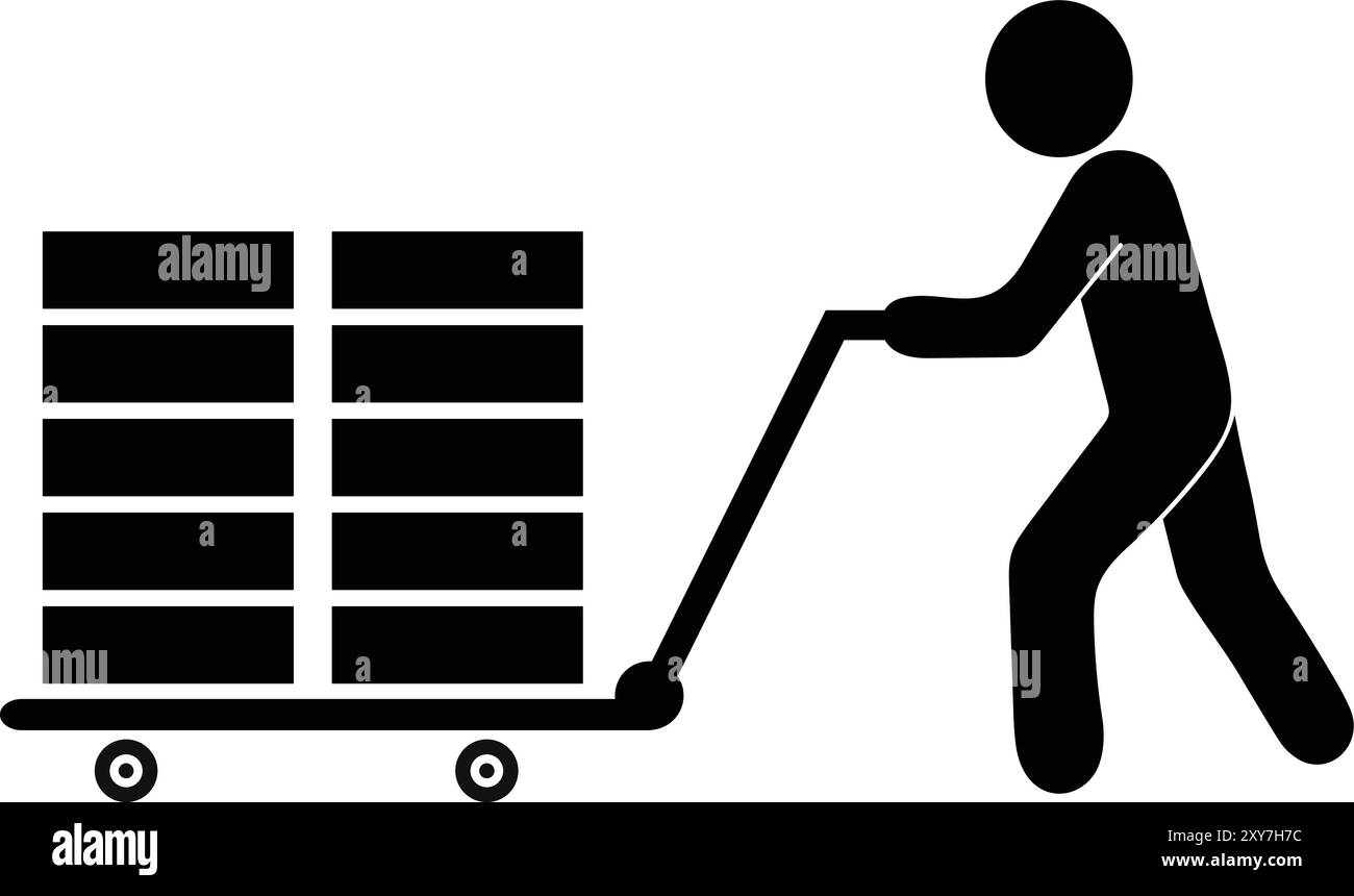 Uomo con ruote del carrello per la spedizione, scatole di carico e scarico su camion, uomo che trasporta merci pesanti, uomo carrello per la consegna, carrello per camion a mano Dolly Bla Illustrazione Vettoriale