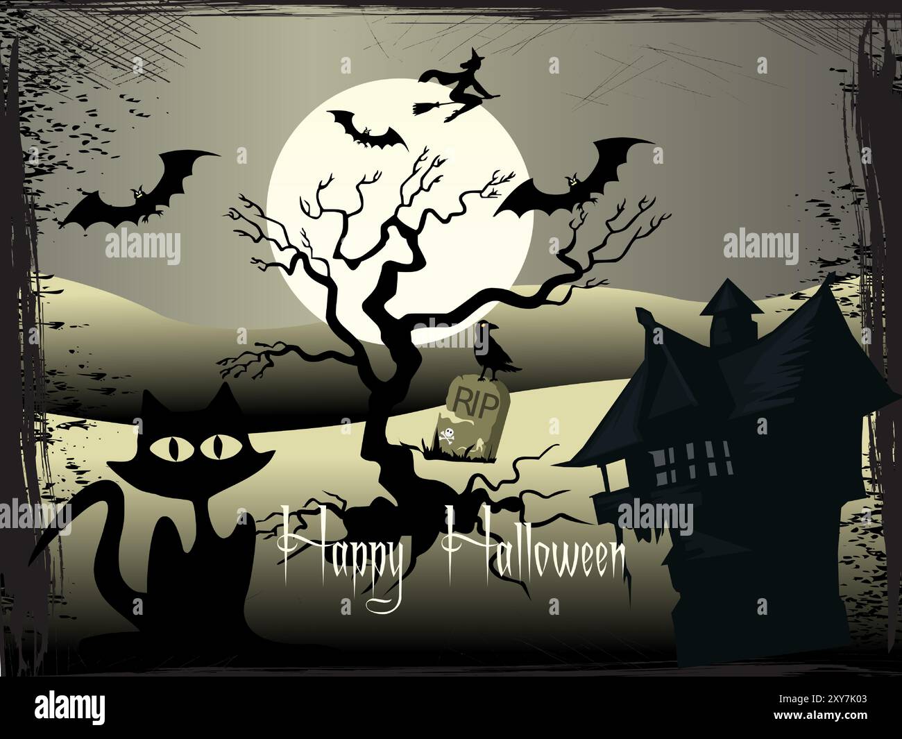 Un poster a tema Halloween con un gatto, un albero e una casa. Il gatto guarda la luna e l'albero è circondato da pipistrelli. La casa è dietro Illustrazione Vettoriale