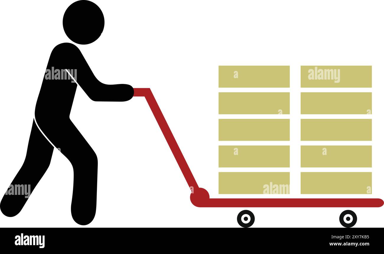 Uomo con ruote del carrello per la spedizione, scatole di carico e scarico su camion, uomo che trasporta merci pesanti, uomo carrello per la consegna, carrello per camion a mano Dolly ico Illustrazione Vettoriale