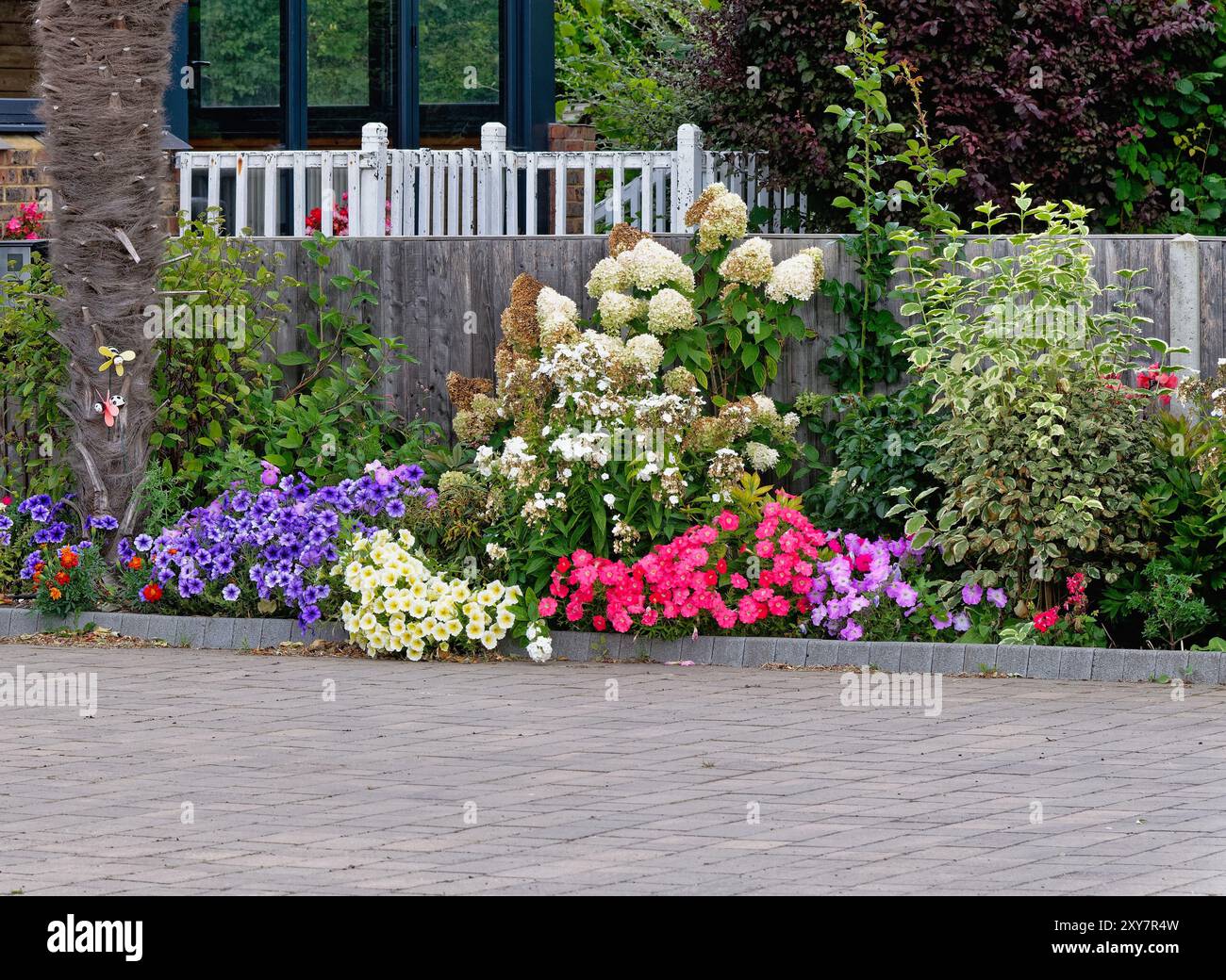 Un colorato letto di fiori sul vialetto di una casa residenziale a Shepperton, Surrey, Inghilterra, Regno Unito Foto Stock