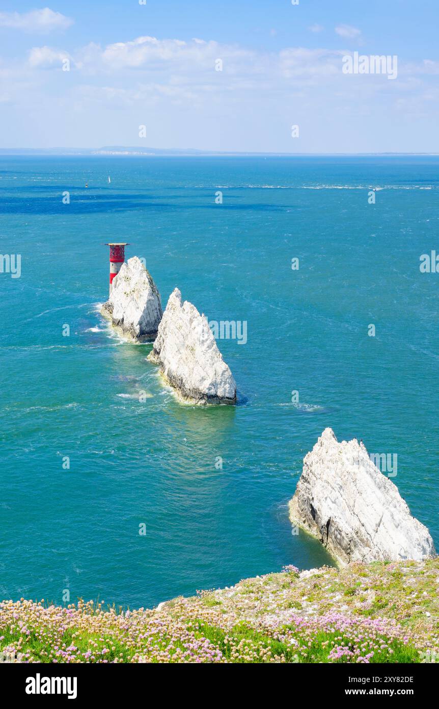 Isola di Wight Regno Unito - Isola di Wight Needles una serie di gesso Sea stack o The Needles di Scratchells Bay Isola di Wight Inghilterra Regno Unito Europa Foto Stock