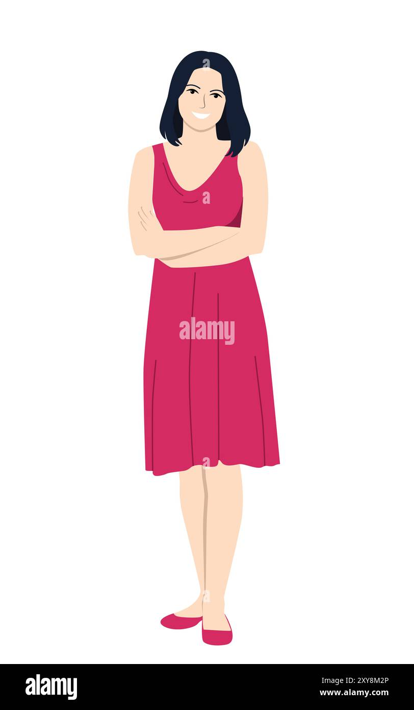 Ragazza a figura intera in un vestito. È sorridente e amichevole. Uomo in stile cartoni animati. Illustrazione Vettoriale