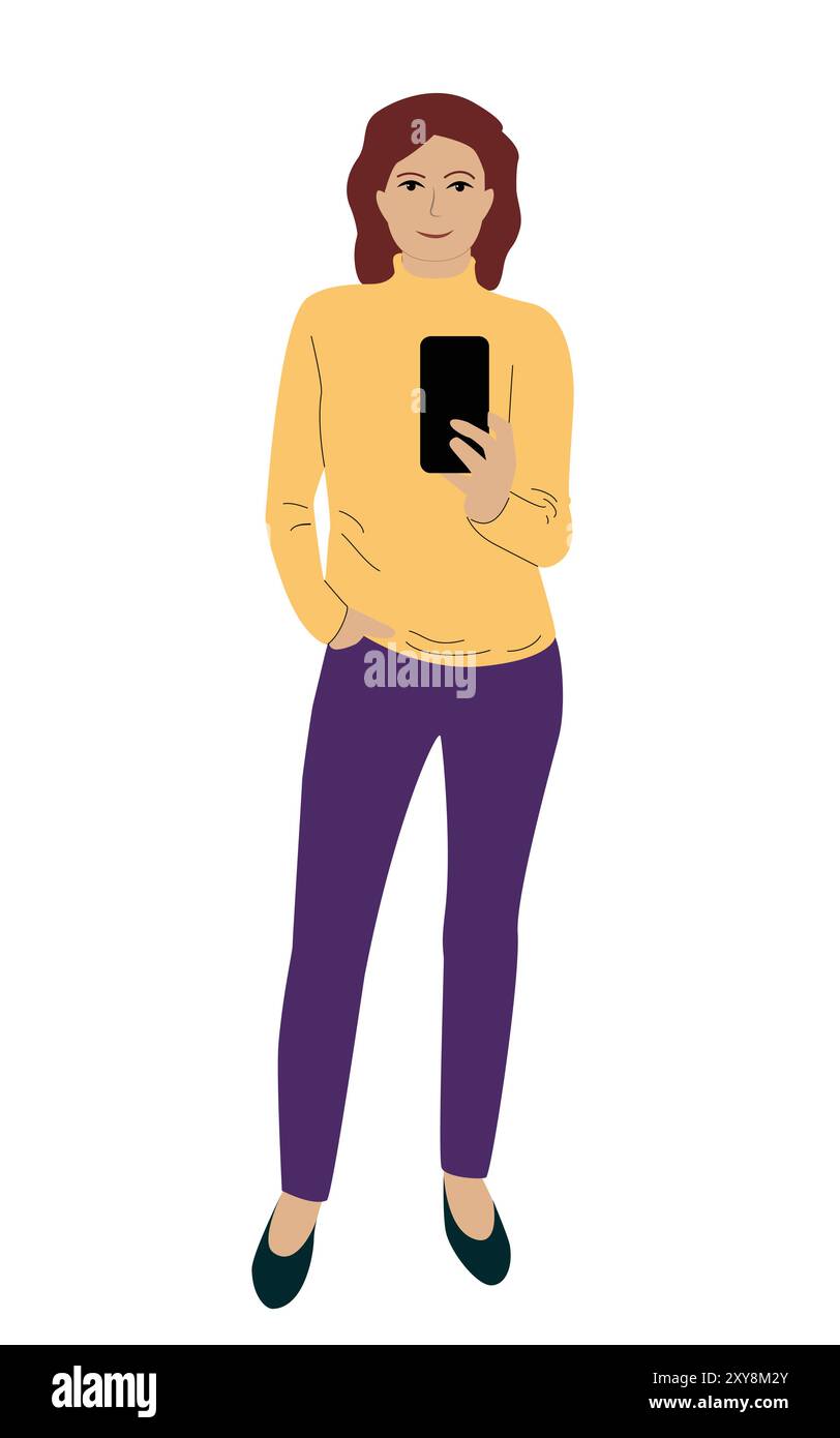 Una ragazza con un maglione e pantaloni sta in piedi con un telefono tra le mani. Vuole fare un selfie. Uomo in stile cartoni animati. Illustrazione Vettoriale