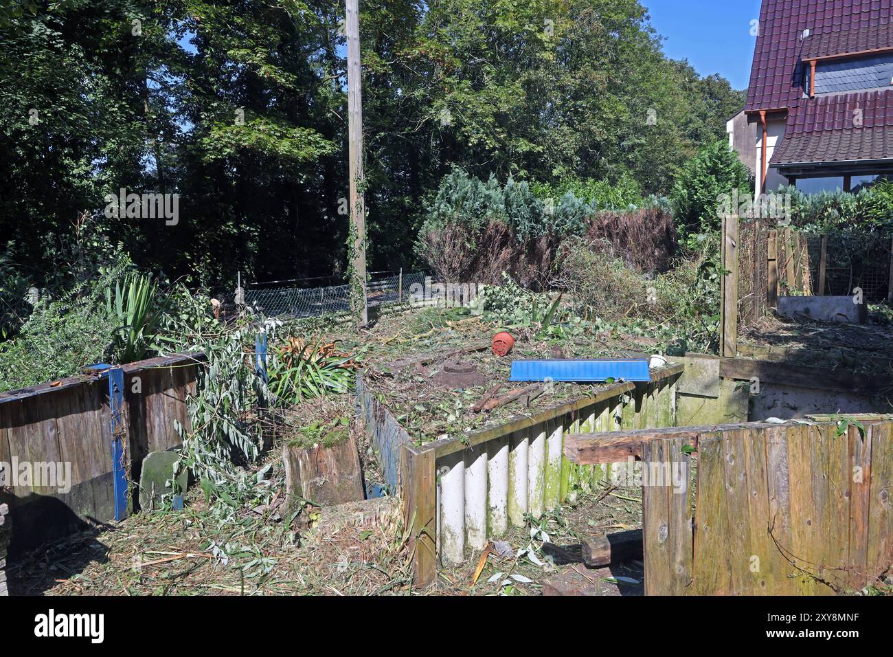 Ehemalige Gärten im Siedlungsraum Ein verfallener und verwilderter Garten wird zu einem Schandfleck und unter erheblicher Arbeit entrümpelt und neu gestaltet. *** Ex giardini nell'area residenziale Un giardino fatiscente e ricoperto diventa un palato e viene ripulito e ridisegnato con notevoli lavori Foto Stock