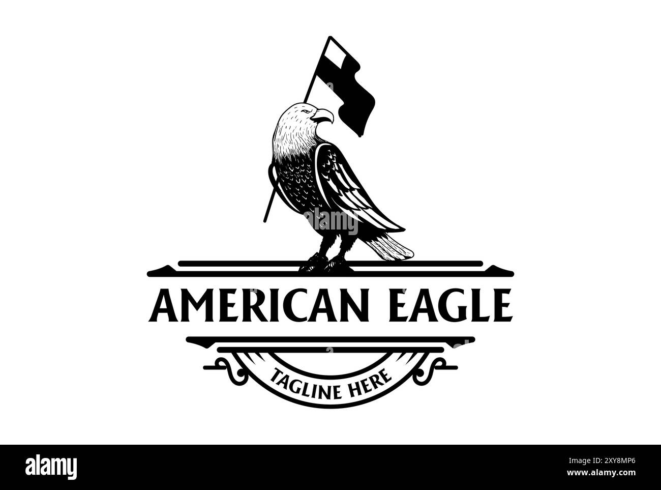 Uccello Falcon Falco Falco americano d'epoca con stemma con bandiera, design con logo Illustrazione Vettoriale