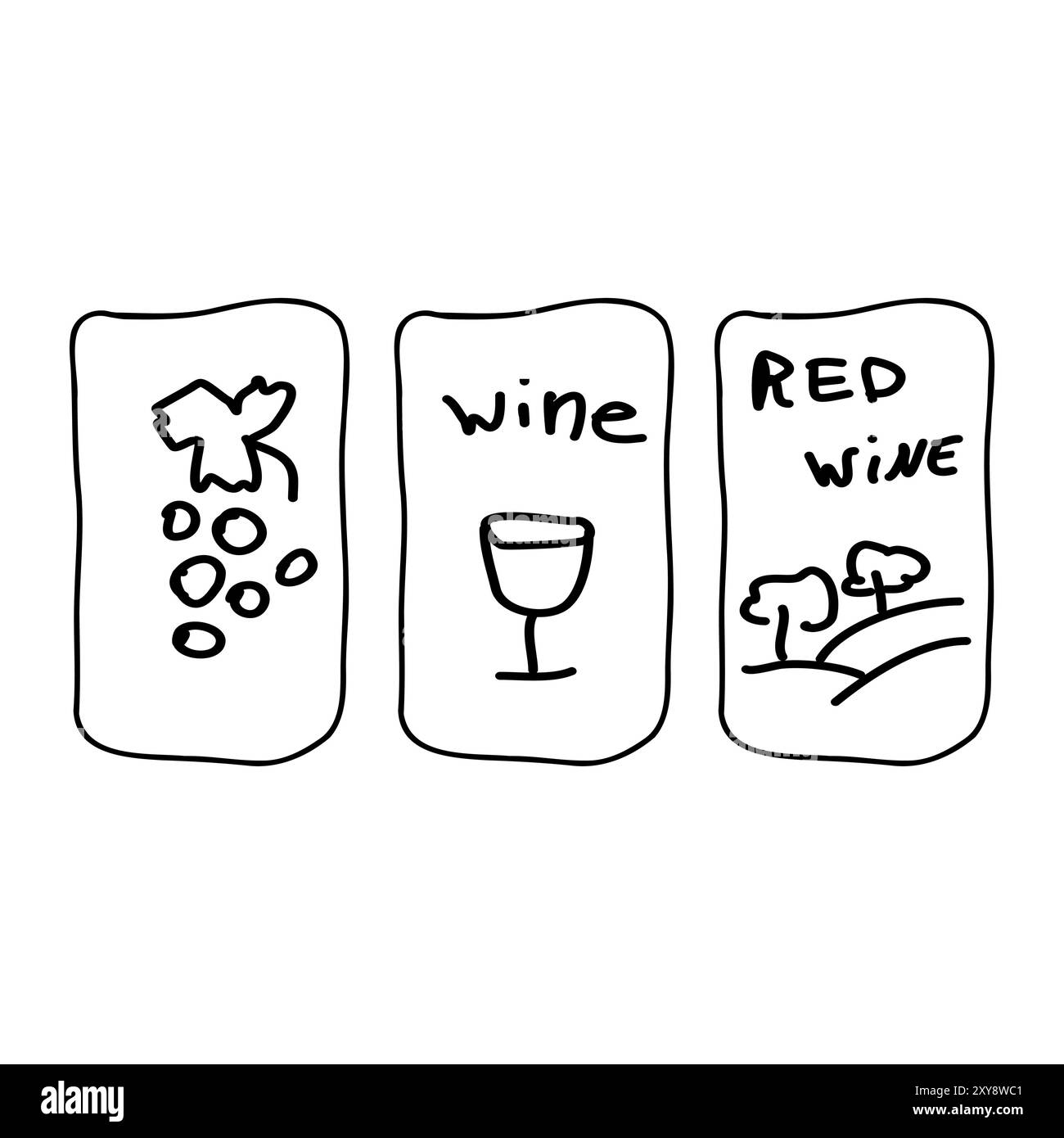 Semplici illustrazioni che illustrano il percorso dell'uva verso il vino, evidenziando il processo di produzione del vino rosso Illustrazione Vettoriale