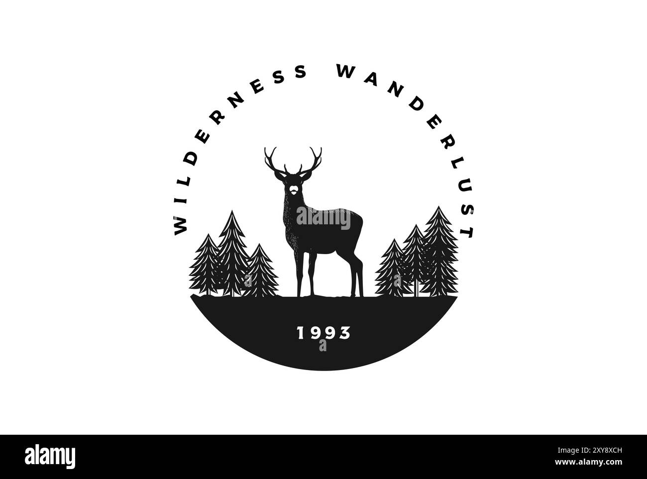 Antler di cervo retrò d'epoca con cedro di pino Evergreen Conifer Cypress Larch Fir Trees Forest for Wanderlust Wilderness Outdoor Adventure Logo Illustrazione Vettoriale