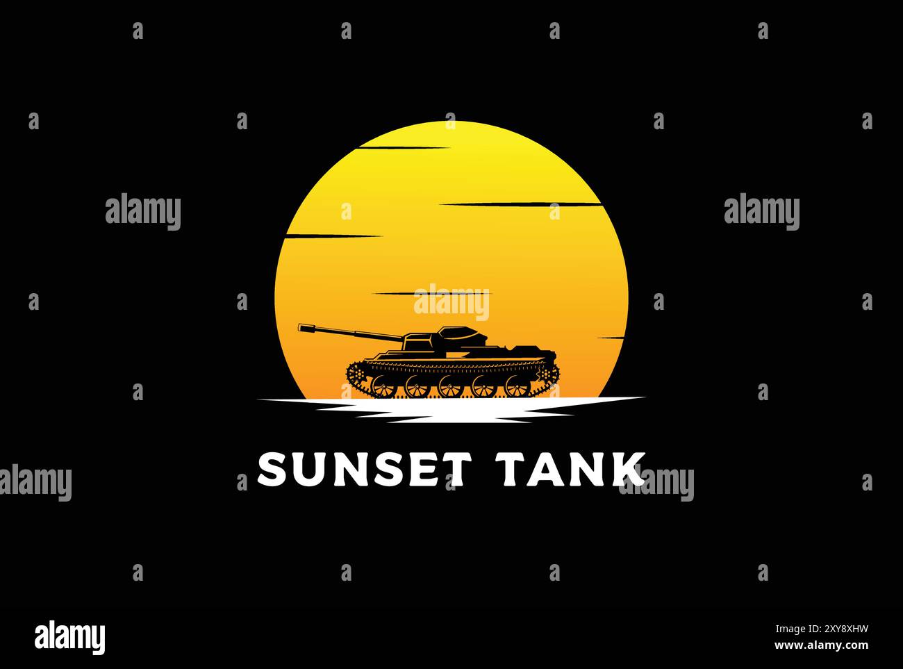 Sunset Sunrise Desert Tank silhouette con logo Vector Illustrazione Vettoriale