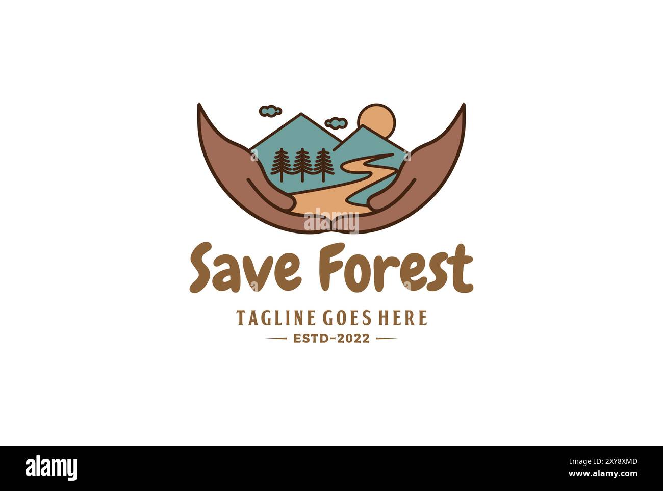 Design con logo Hand Save Protect Mountain Creek River Landscape Panorama Illustrazione Vettoriale