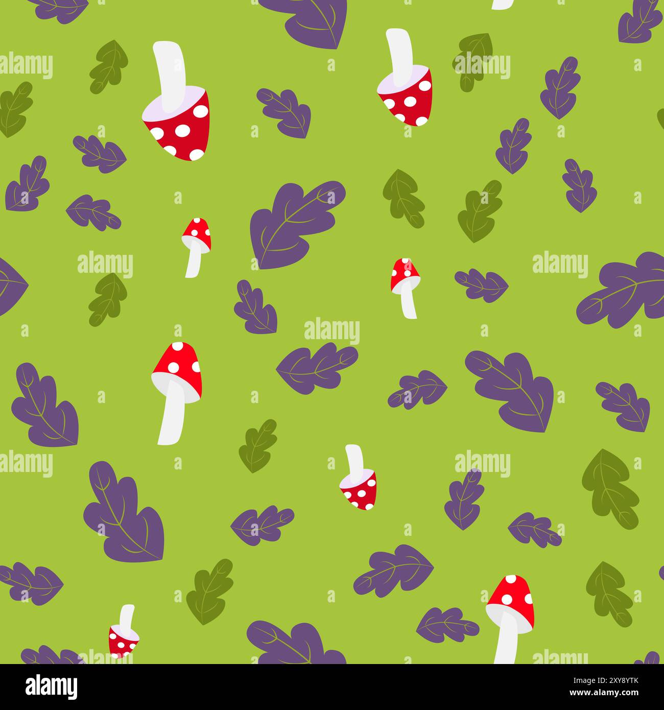 Foglie senza cuciture e volano agarico su sfondo verde. Modello per imballaggi, tessuti, carte da parati. Illustrazione Vettoriale