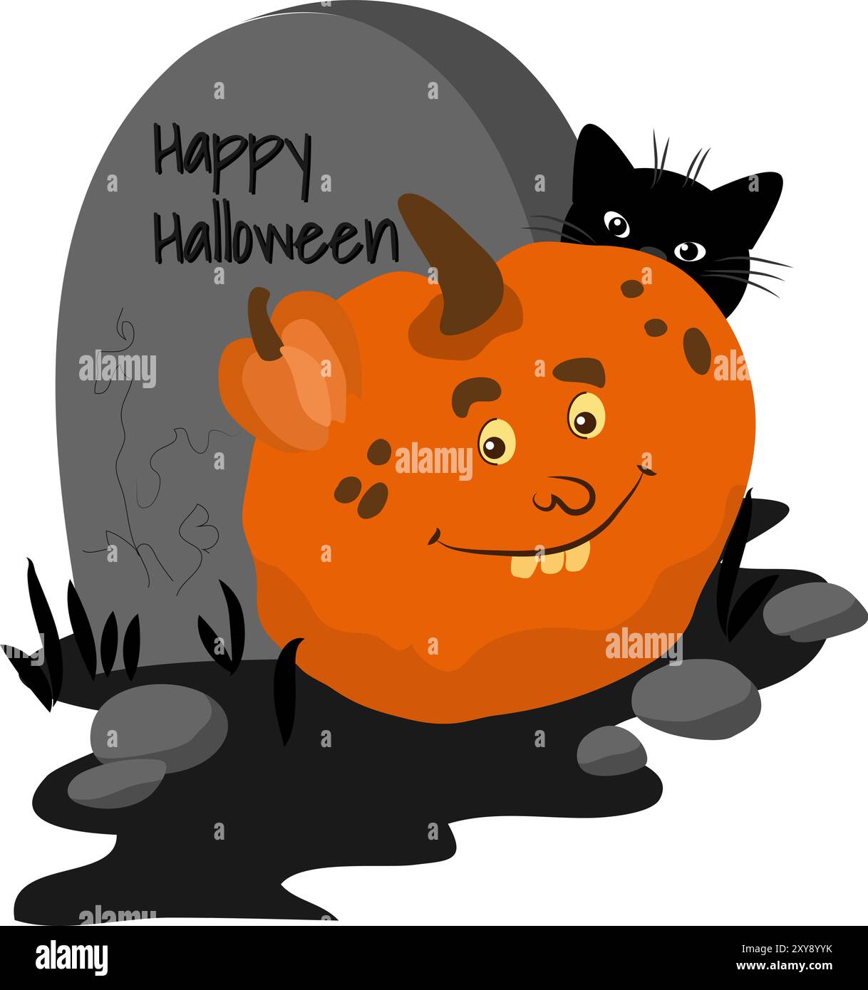 Tomba, divertente zucca, gatto isolato su sfondo bianco. Illustrazione vettoriale di Halloween in stile cartoni animati. Illustrazione Vettoriale