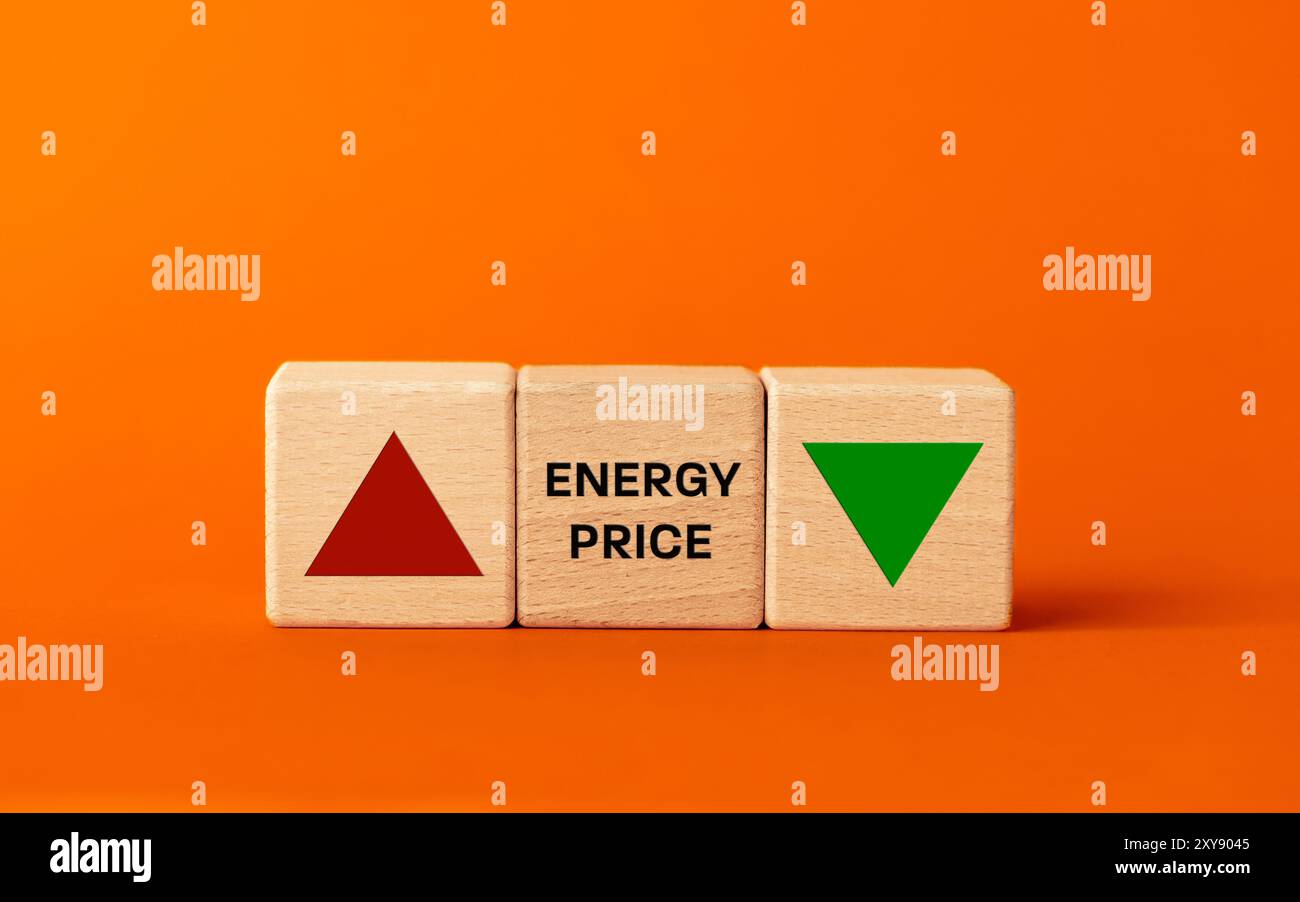 La tendenza al cambiamento dei prezzi dell'energia aumenta o diminuisce. simbolo della freccia, livello del prezzo dell'elettricità. Crisi delle risorse energetiche Foto Stock