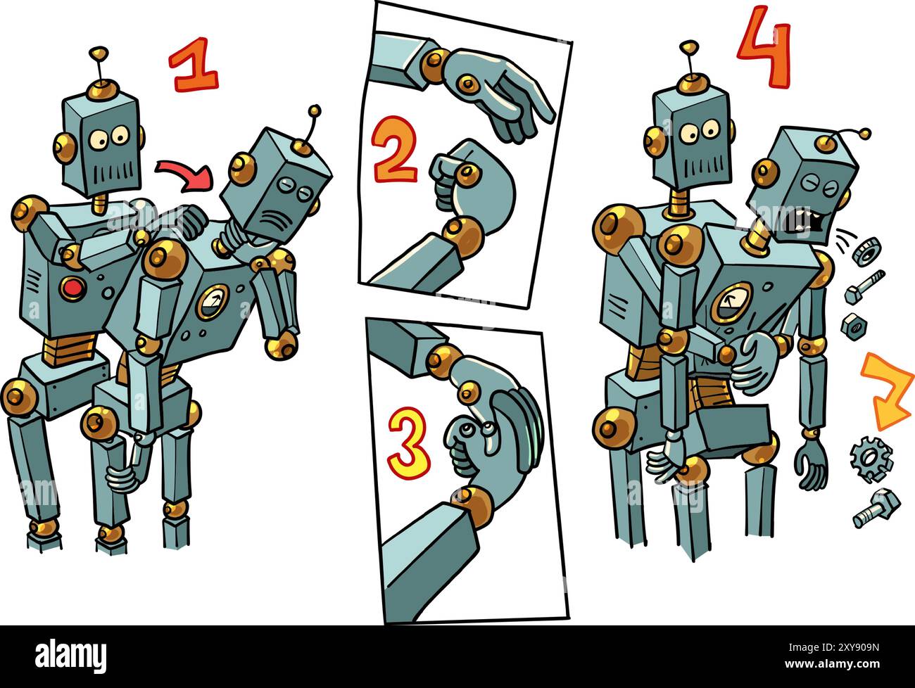 Offerta per la riparazione di apparecchiature e computer. L'intelligenza artificiale si riabiliterà. Le parti del robot sono bloccate. retr. Fumetti cartoon pop art Illustrazione Vettoriale
