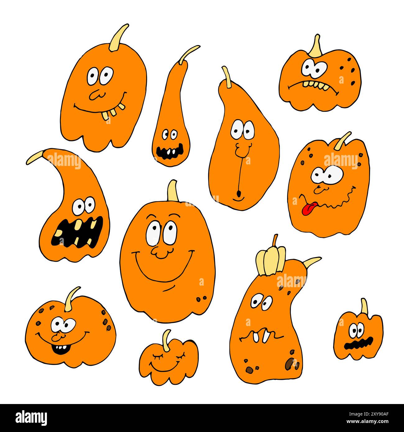 Vettoriale disegnato a mano con la zucca di Halloween. I volti delle zucche con gli occhi, le bocche raffigurano emozioni diverse, divertimento, spavento. Disegnare in un cartone animato Illustrazione Vettoriale