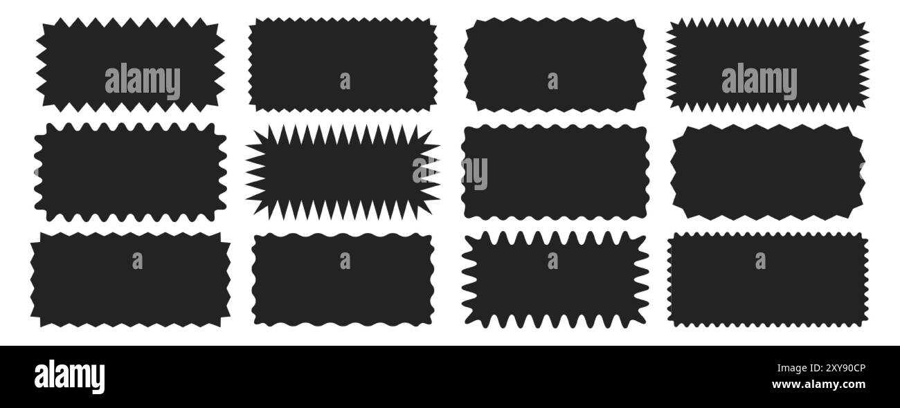 Cornici rettangolari nere vuote con bordi mossi. Elementi rettangolari frastagliati con bordi a zigzag su sfondo bianco. Etichette geometriche a zig zag ondulate, badge curvi e adesivi seghettati Illustrazione Vettoriale