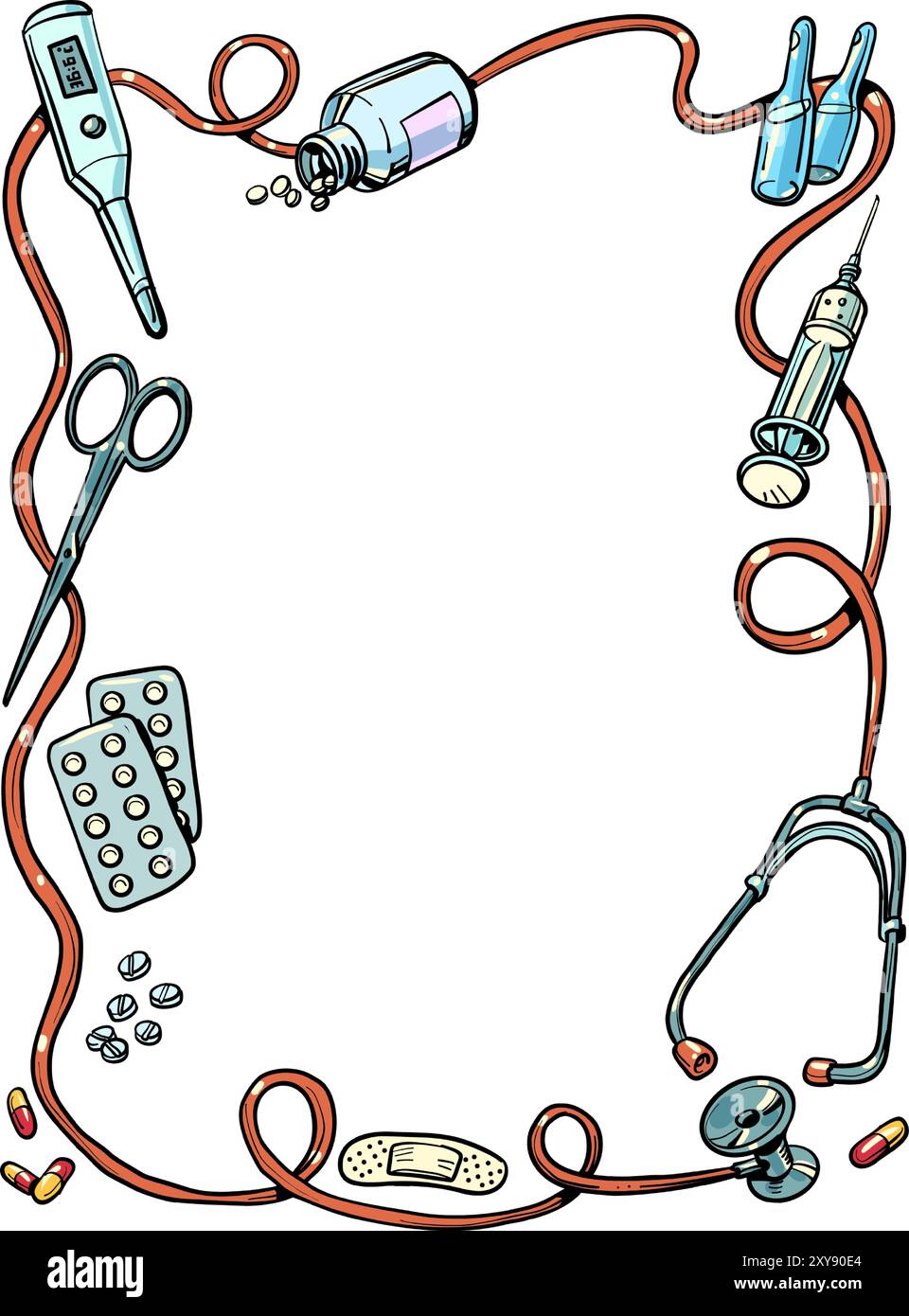 Strumenti e metodi di trattamento in medicina. Cornice delle illustrazioni relative al trattamento del paziente. Offerta speciale per farmacie pubblicitarie e medici Illustrazione Vettoriale