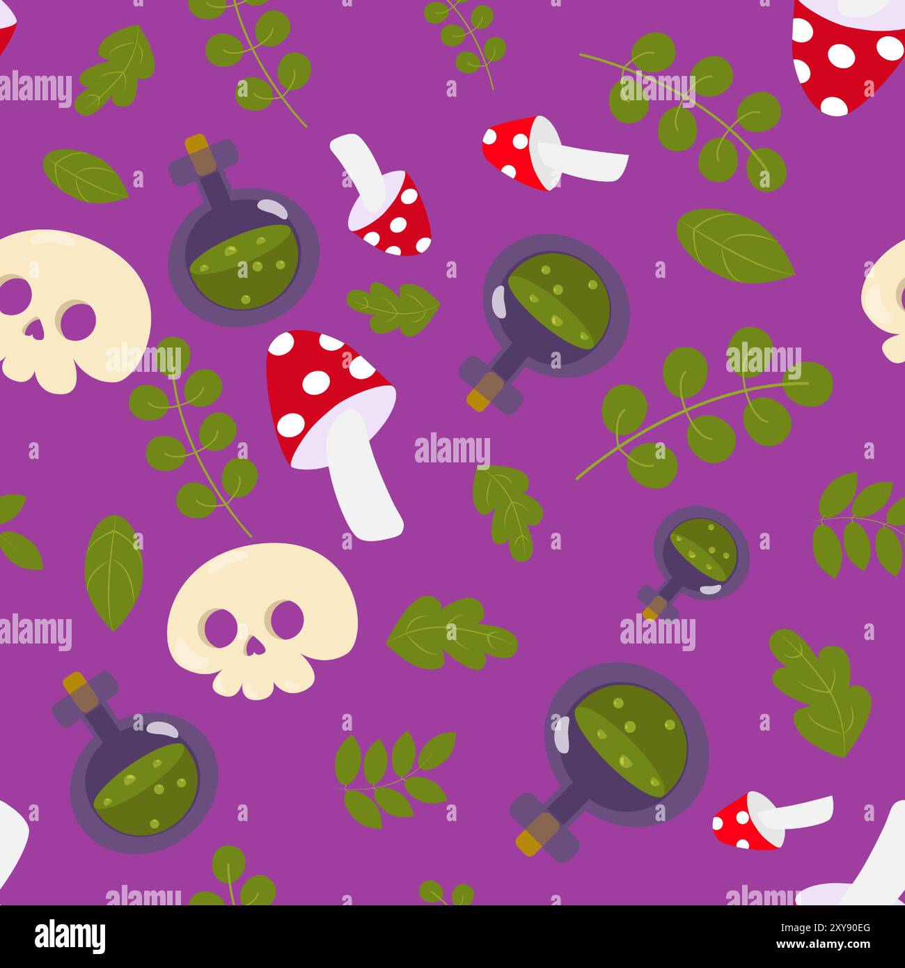 Motivo senza cuciture bel teschio, foglie, bottiglia di veleno e agarico mosca. Motivo di Halloween in stile cartoni animati. Modello per tessuti, imballaggi. Illustrazione Vettoriale