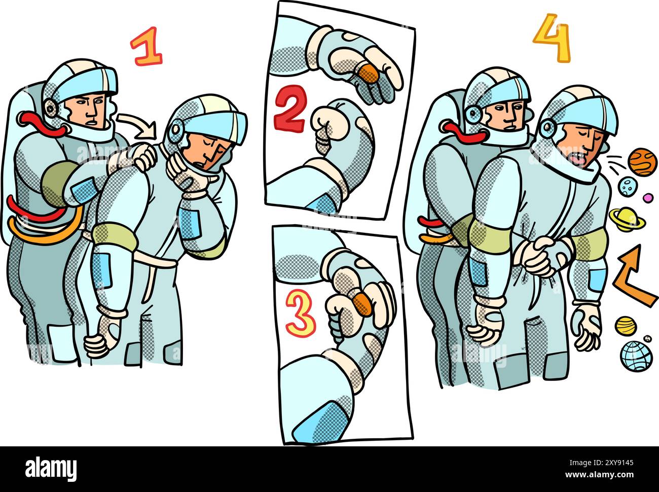 Un astronauta aiuta un collega a causa del gran numero di pianeti. Istruzioni umoristiche per gli astronauti. Forum spaziale e giornata cosmonautica. Fumetto c Illustrazione Vettoriale