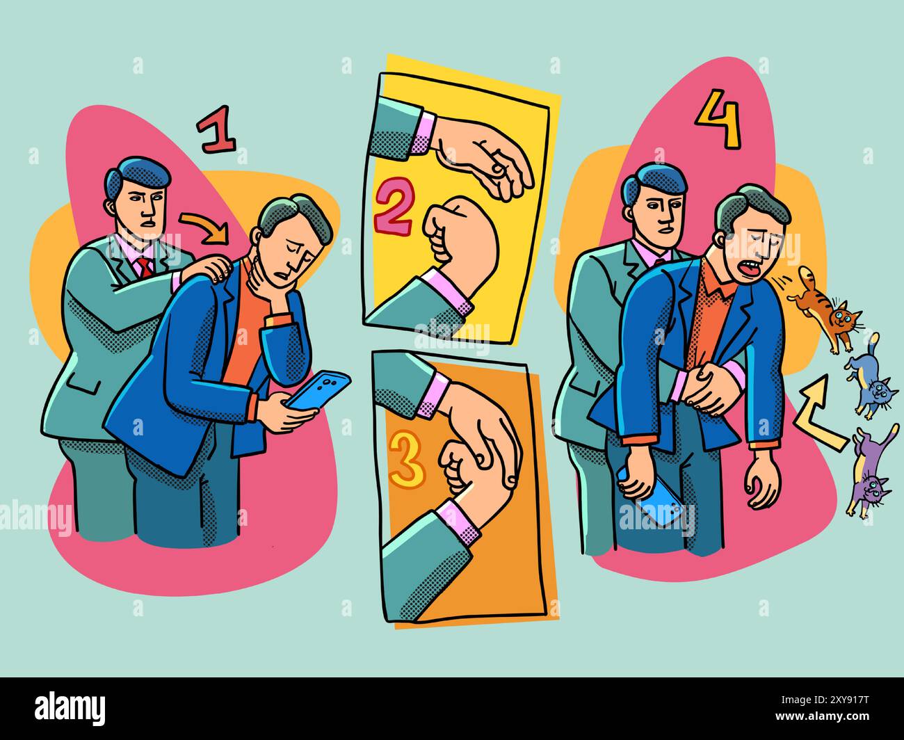 Un uomo aiuta a fuggire dai memi dei gatti di Internet. Una scena divertente per gli amanti dei gatti. Istruzioni per salvare un grande amore per i gatti. Cartoni animati a fumetti pop A. Illustrazione Vettoriale