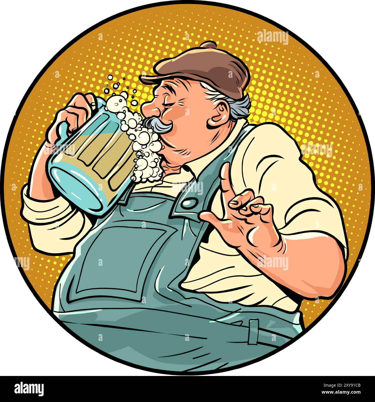 Un uomo soddisfatto beve una tazza di birra schiumosa. Logo per bar, ristorante o taverna. Offerte interessanti per gli amanti dell'alcol. Fumetti cartoon pop art retro V Illustrazione Vettoriale