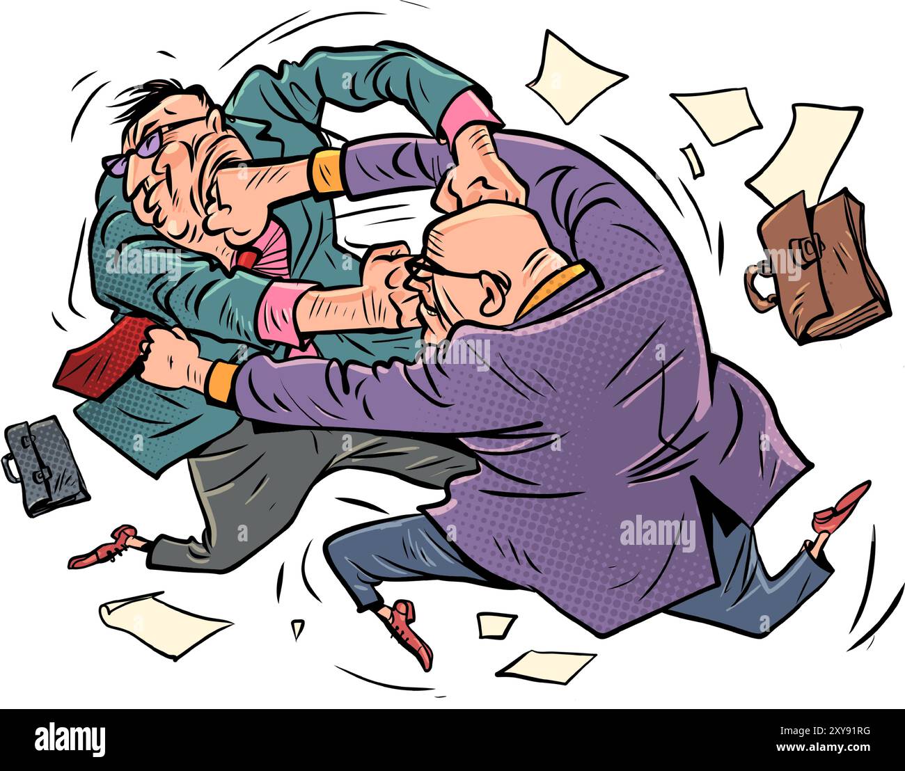 I dipendenti di un ufficio di sesso maschile combattono l'uno con l'altro. Concorrenza commerciale tra imprese. Problemi di comunicazione all'interno del team. Fumetto carto Illustrazione Vettoriale