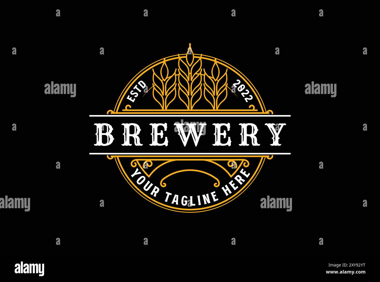 illustrazione vettoriale del logo della birra, emblema del design del birrificio su sfondo nero. Illustrazione Vettoriale