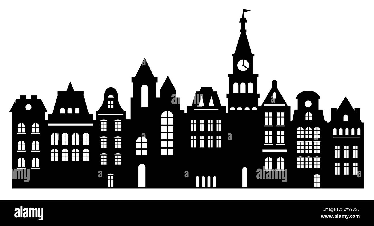 Sfondo astratto urbano. Serie di case in stile Amsterdam. Silhouette tagliata al laser. Facciate stilizzate di edifici con vista sulla vecchia Europa. Illustrazione Vettoriale
