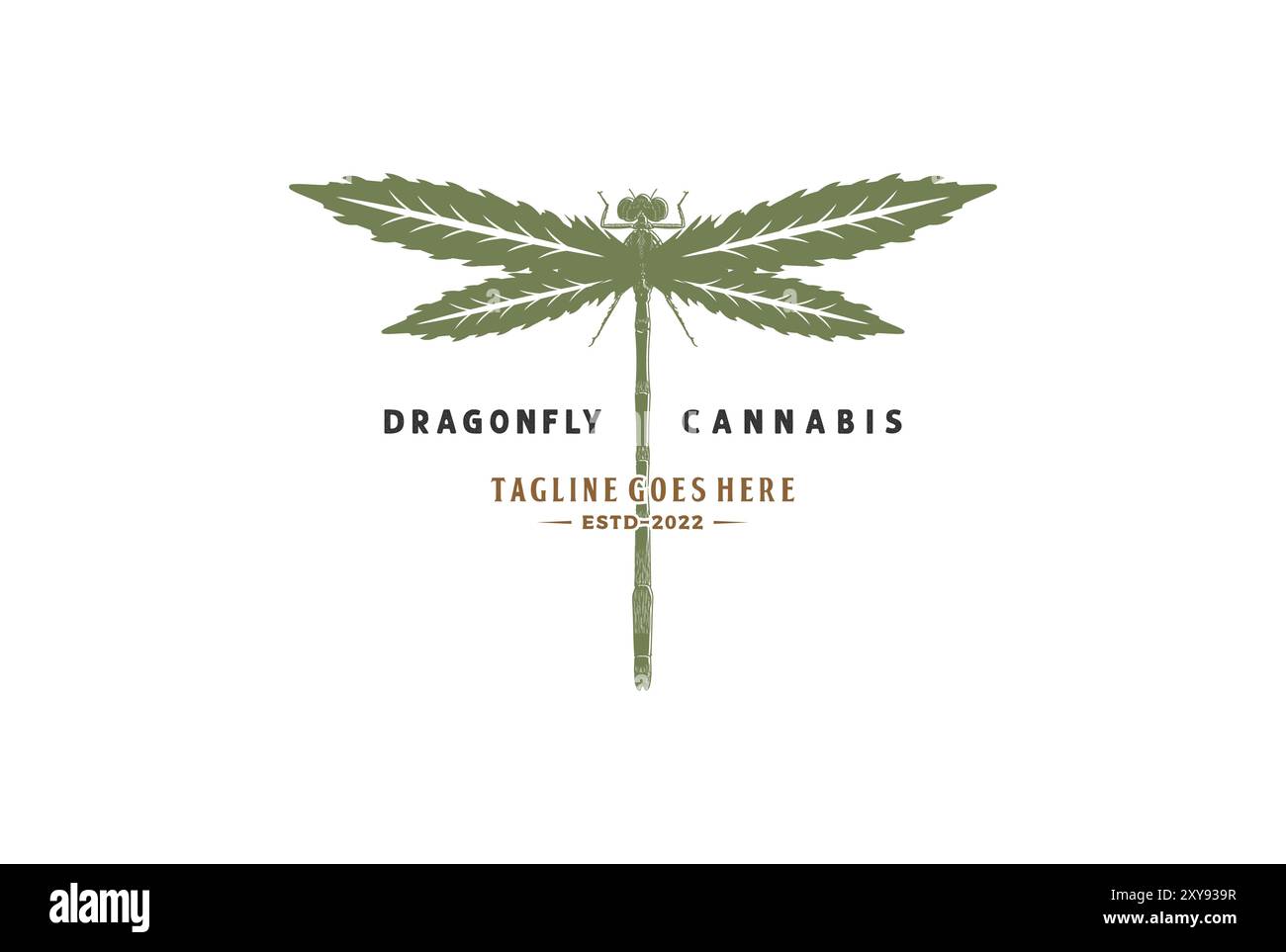 Dragonfly vintage con Cannabis marijuana Ganja Leaf per canapa CBD Oil Logo Design Illustrazione Vettoriale
