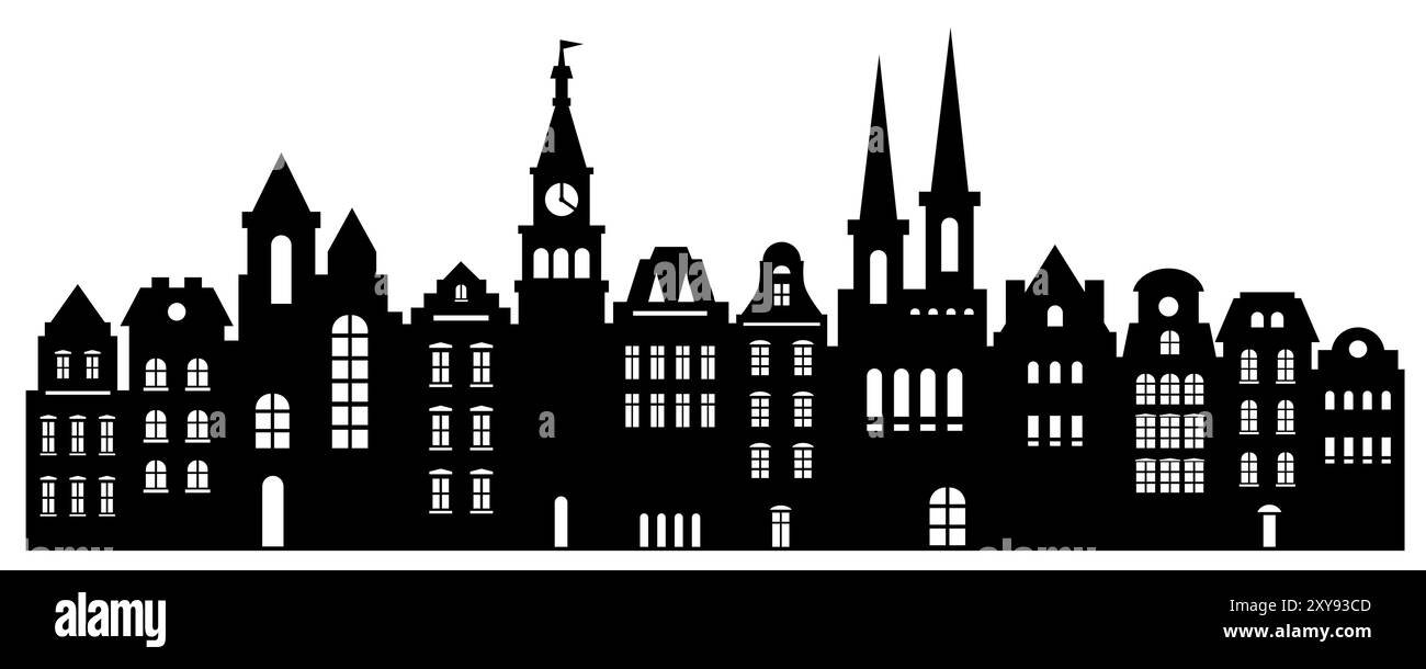 Sfondo astratto urbano. Serie di case in stile Amsterdam. Silhouette tagliata al laser. Facciate stilizzate di edifici con vista sulla vecchia Europa. Illustrazione Vettoriale