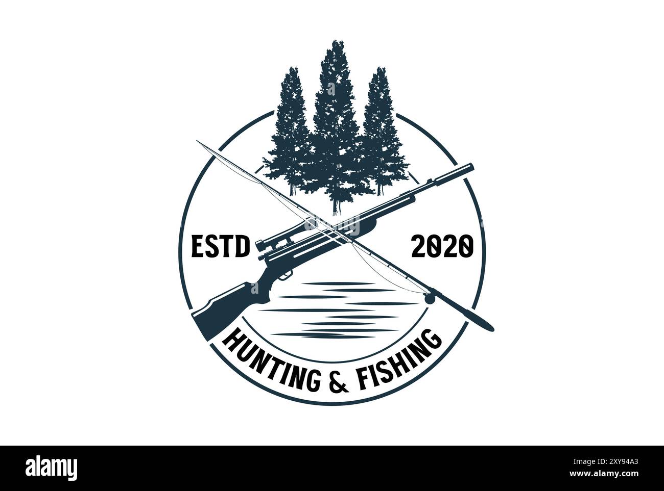 Foresta di pini Evergreen Fir Tress con River Creek e Crossed Gun Fishing Rod per Hunting Adventure Logo Illustrazione Vettoriale