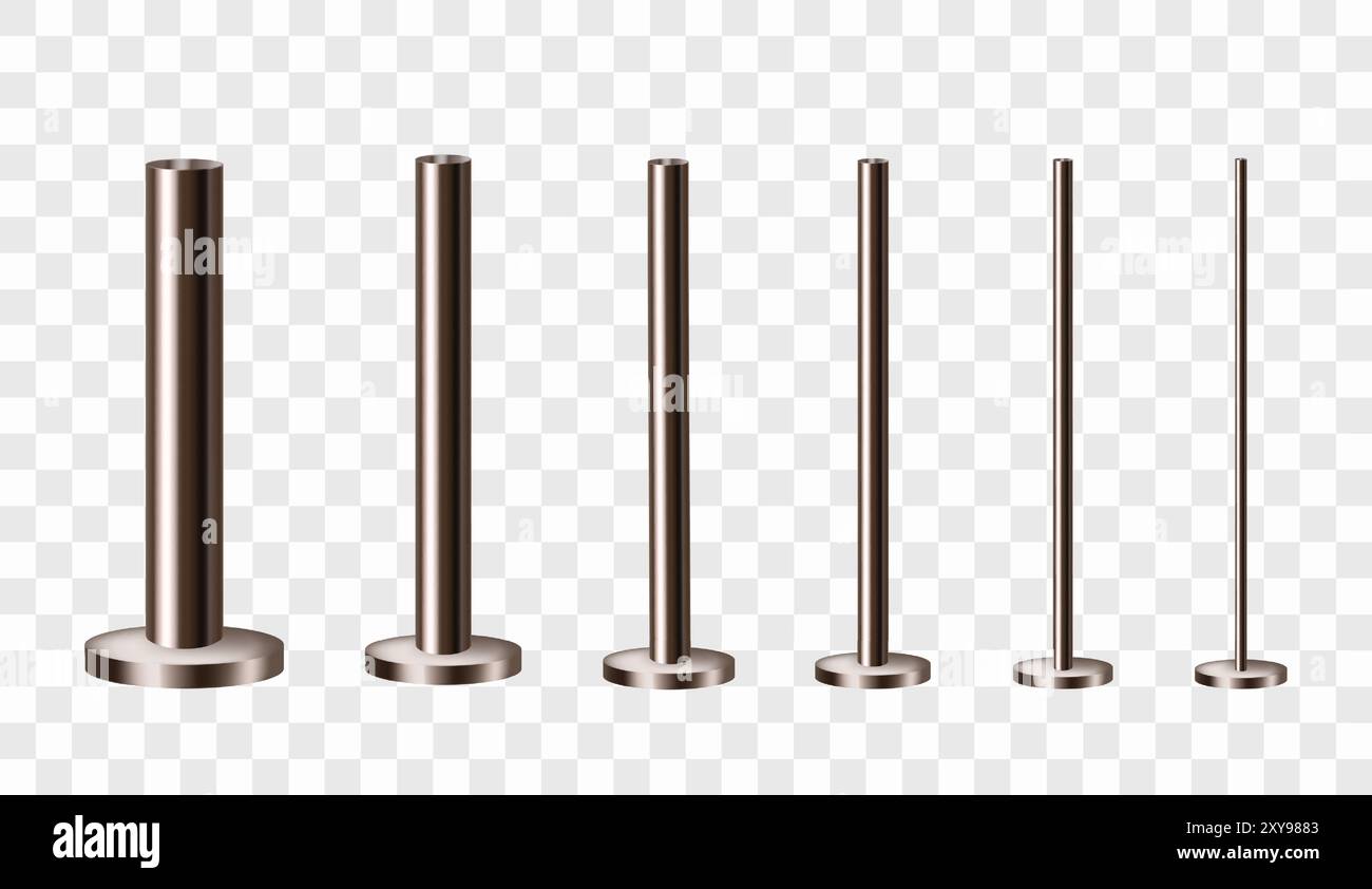 Pali in bronzo o ghisa su una base rotonda. Set di colonne metalliche. Vettore realistico isolato su trasparente. Illustrazione Vettoriale
