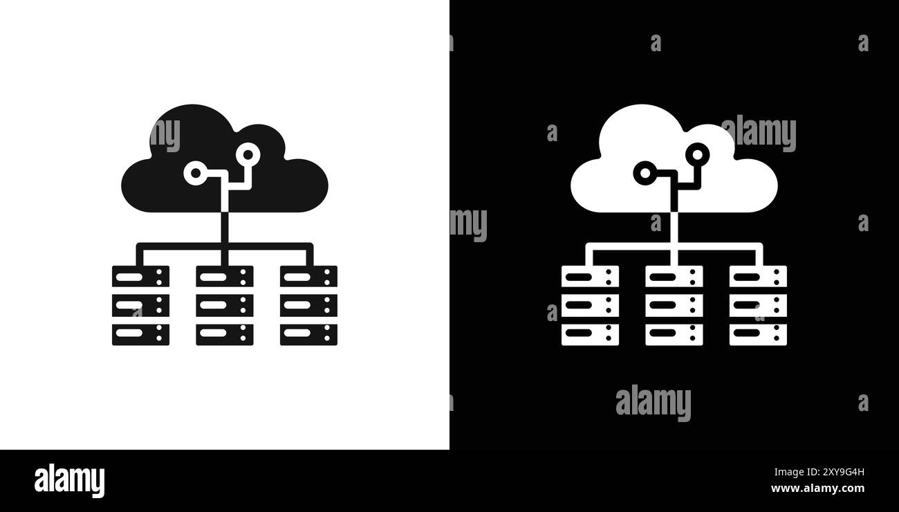 Il logo dell'icona Cloud Data Center indica il contorno vettoriale in bianco e nero Illustrazione Vettoriale