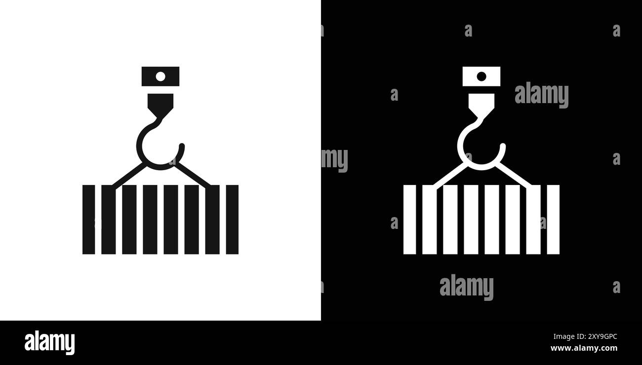 La gru solleva il bordo del vettore del logo dell'icona di un contenitore di carico in bianco e nero Illustrazione Vettoriale