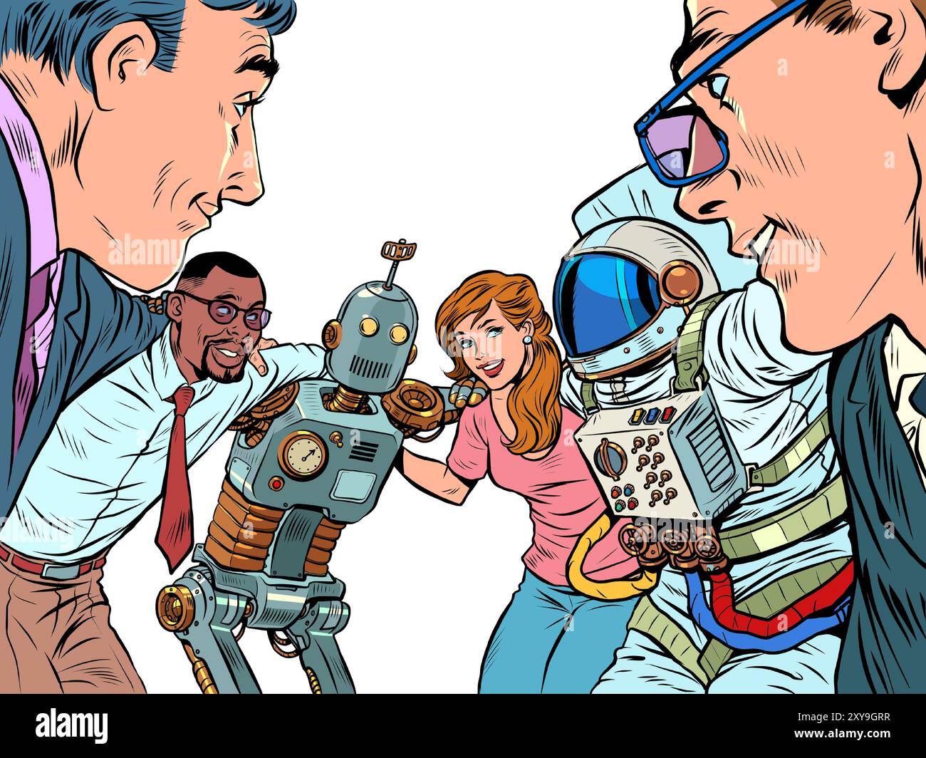 Molti lavoratori di diverse professioni si abbracciano insieme. Un'organizzazione collettiva amichevole per il futuro dell'umanità. Cooperazione tra settori diversi Illustrazione Vettoriale