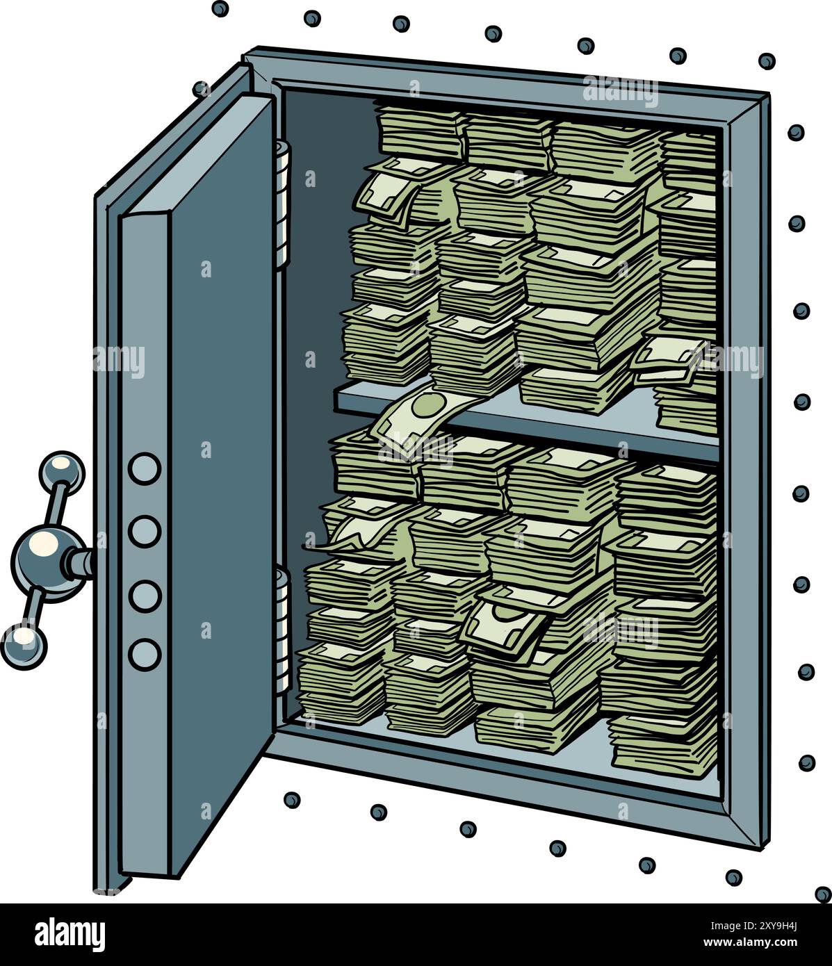 Ci sono molte banconote all'interno della cassaforte metallica. La sicurezza degli investimenti finanziari e la loro fuga. Offerte bancarie vantaggiose per i clienti e per i loro Illustrazione Vettoriale