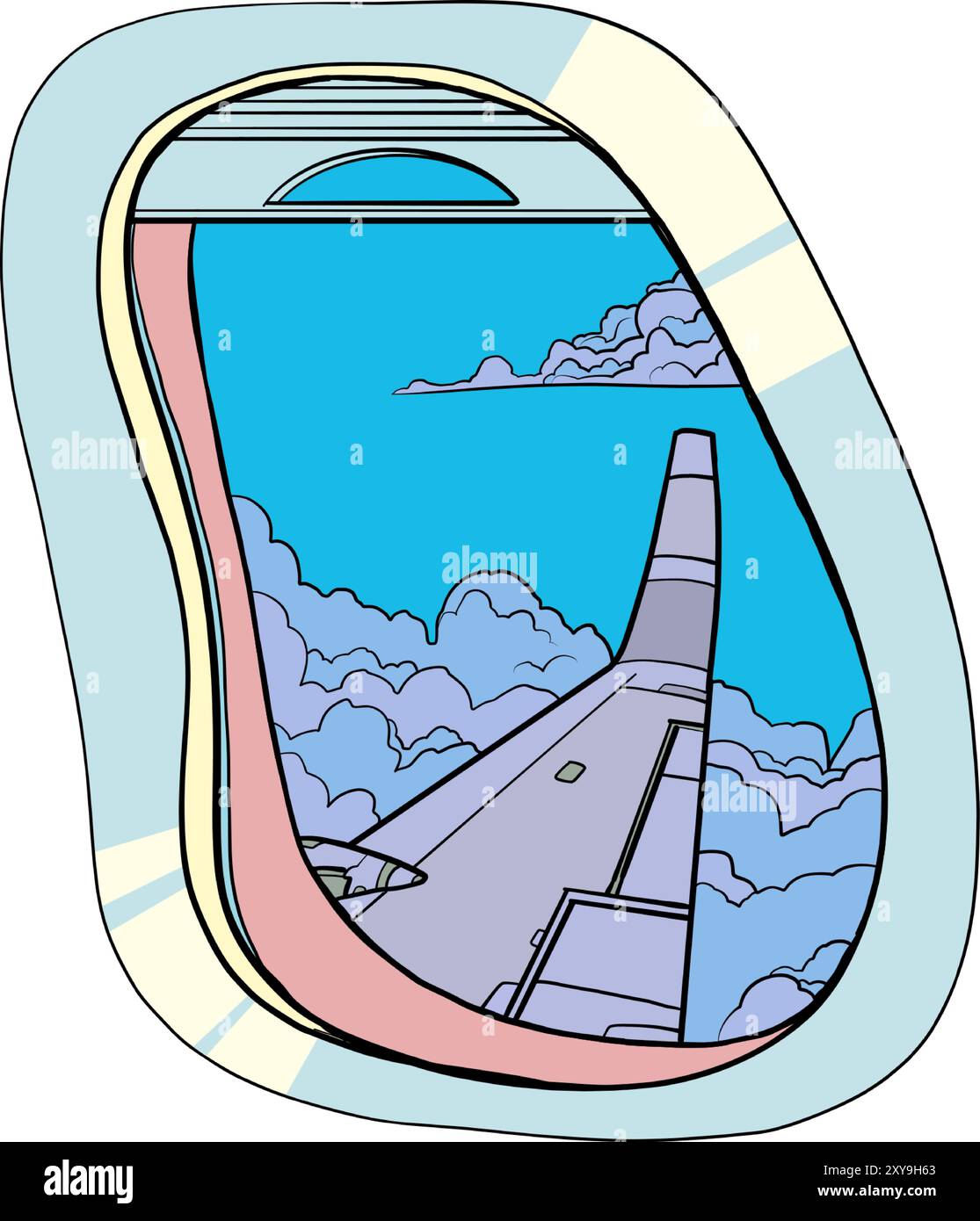 Vista dalla finestra dell'ala di un aereo e delle nuvole. Organizzare un viaggio in un altro paese. Voli sicuri, veloci e di alta qualità nel cielo. RET. Pop Art Illustrazione Vettoriale