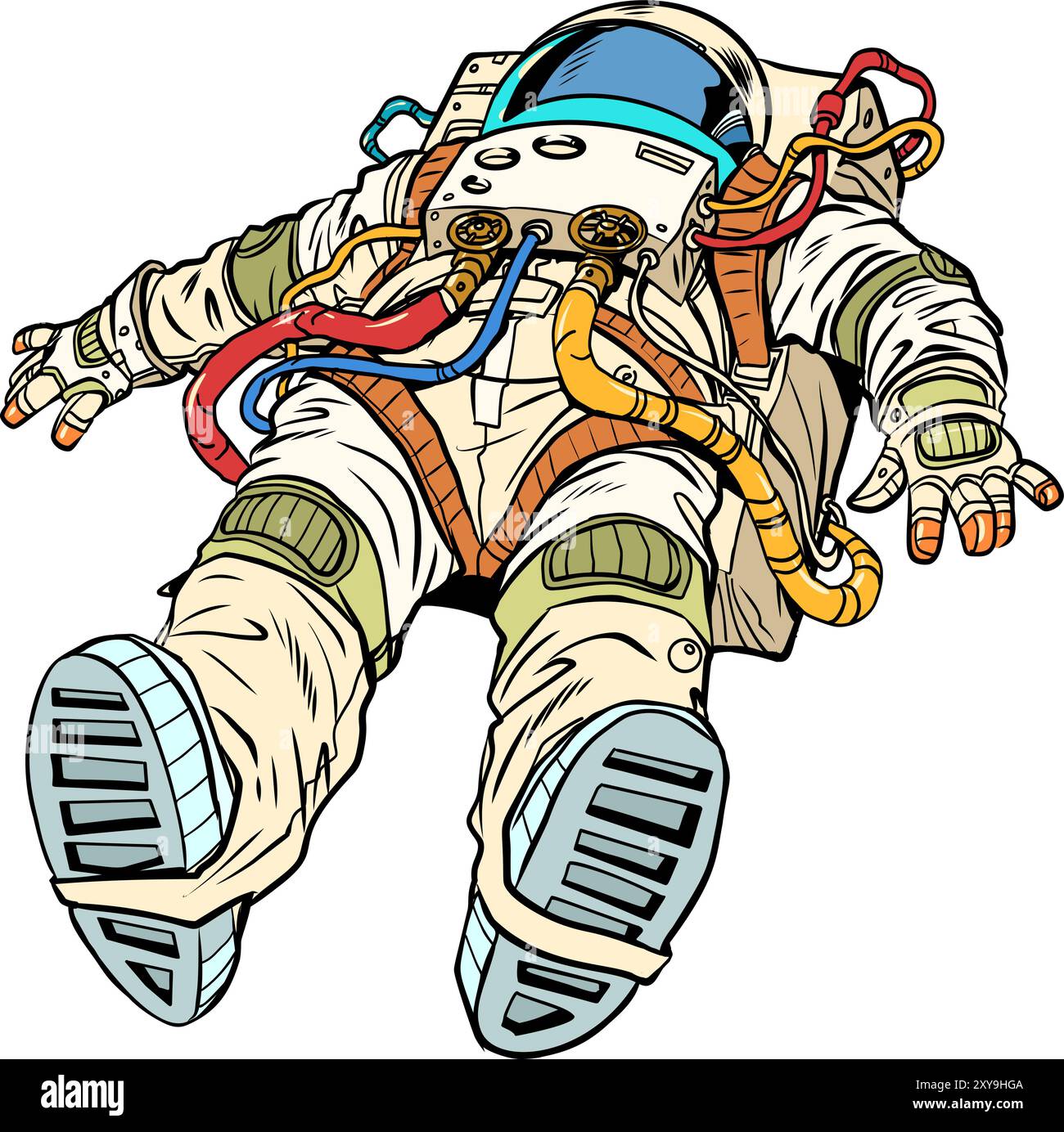 L'astronauta giace nella sua tuta. Giornata di Cosmonautica e esplorazione spaziale. Ricerca scientifica nel campo dello spazio e dell'universo. V retro Pop Art Illustrazione Vettoriale