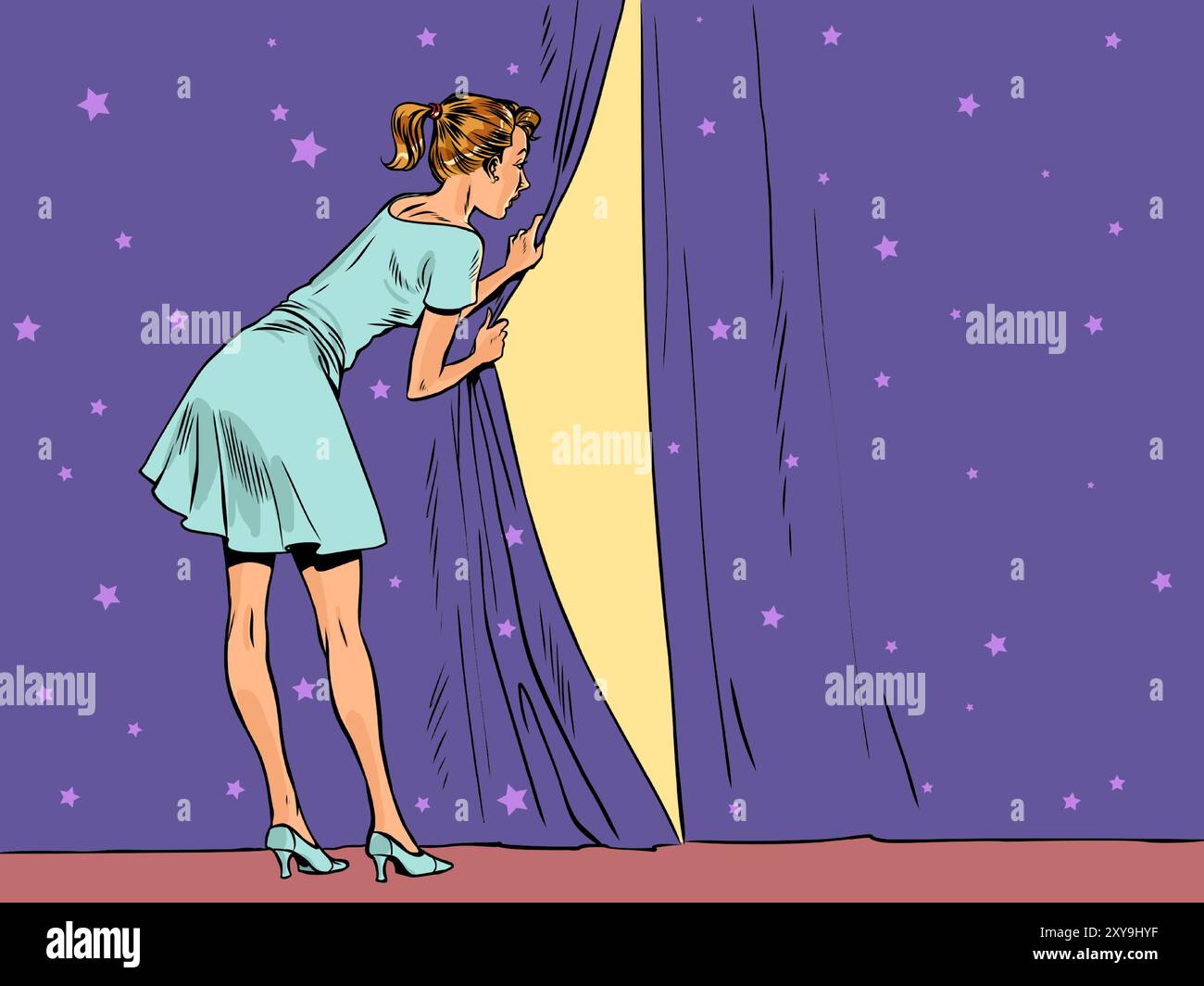La ragazza apre il sipario e guarda dietro di lei. Monitoraggio della crescita dei clienti. Spettacolo d'arte teatrale. Pop Art retro Vector Illustration Kitsch vi Illustrazione Vettoriale