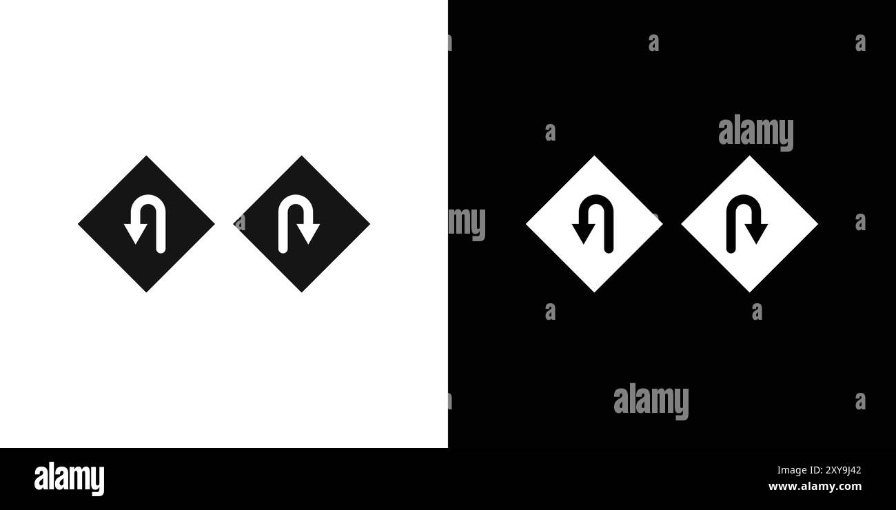 Icona di avvertenza svolta a sinistra a U a destra contorno vettoriale del logo in bianco e nero Illustrazione Vettoriale