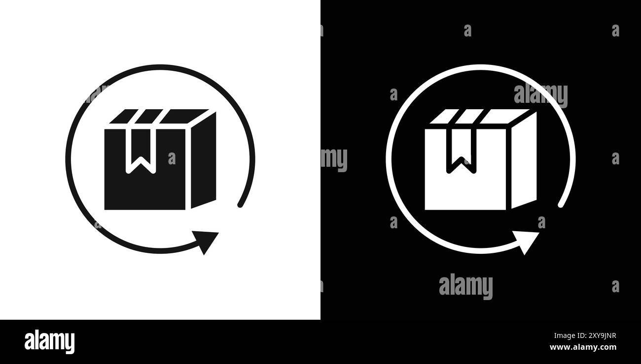 Icona della scatola di restituzione del prodotto, logo, contorno vettoriale in bianco e nero Illustrazione Vettoriale