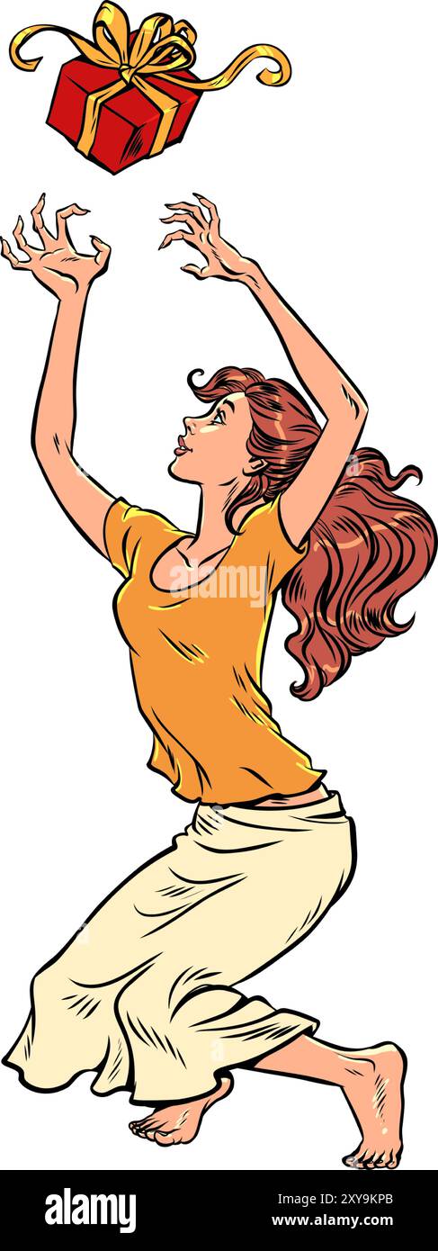 Una donna prende un regalo con entrambe le mani. Prossimi compleanni e festività dei parenti. Grandi offerte e promozioni per regali. Illustrazione vettoriale retrò Pop Art Illustrazione Vettoriale