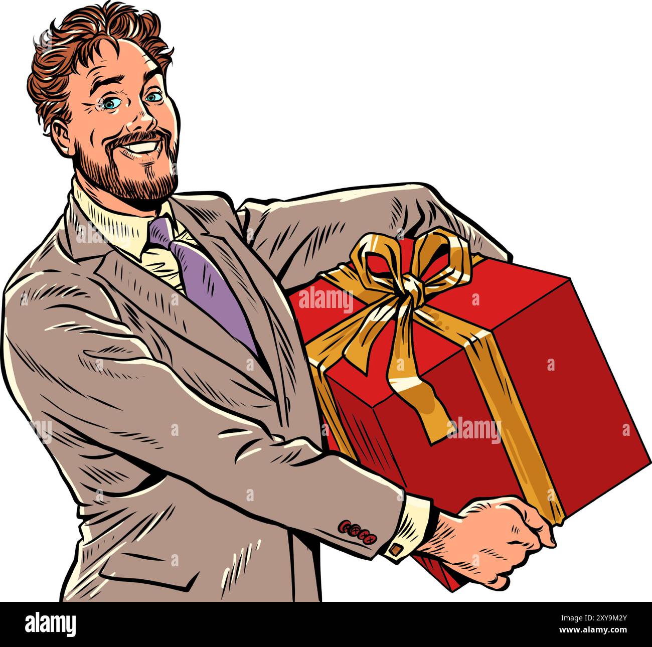 Consegna di regali in tutto il mondo da parte di un'azienda di fiducia. Un uomo con un completo ha un grande dono rosso. Vacanze di Natale e preparazione per loro. AR. Pop Illustrazione Vettoriale