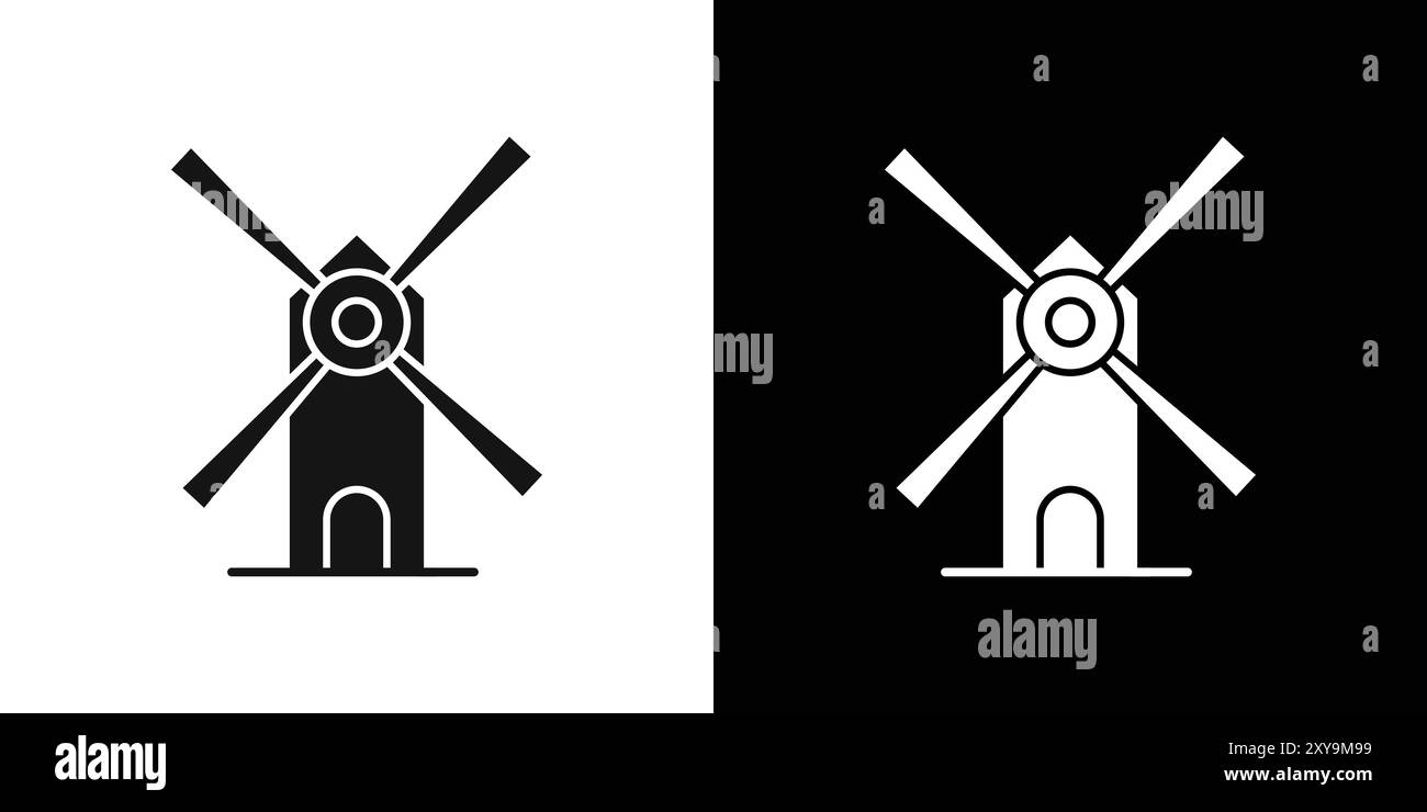 il logo dell'icona del mulino a vento indica il contorno vettoriale in bianco e nero Illustrazione Vettoriale