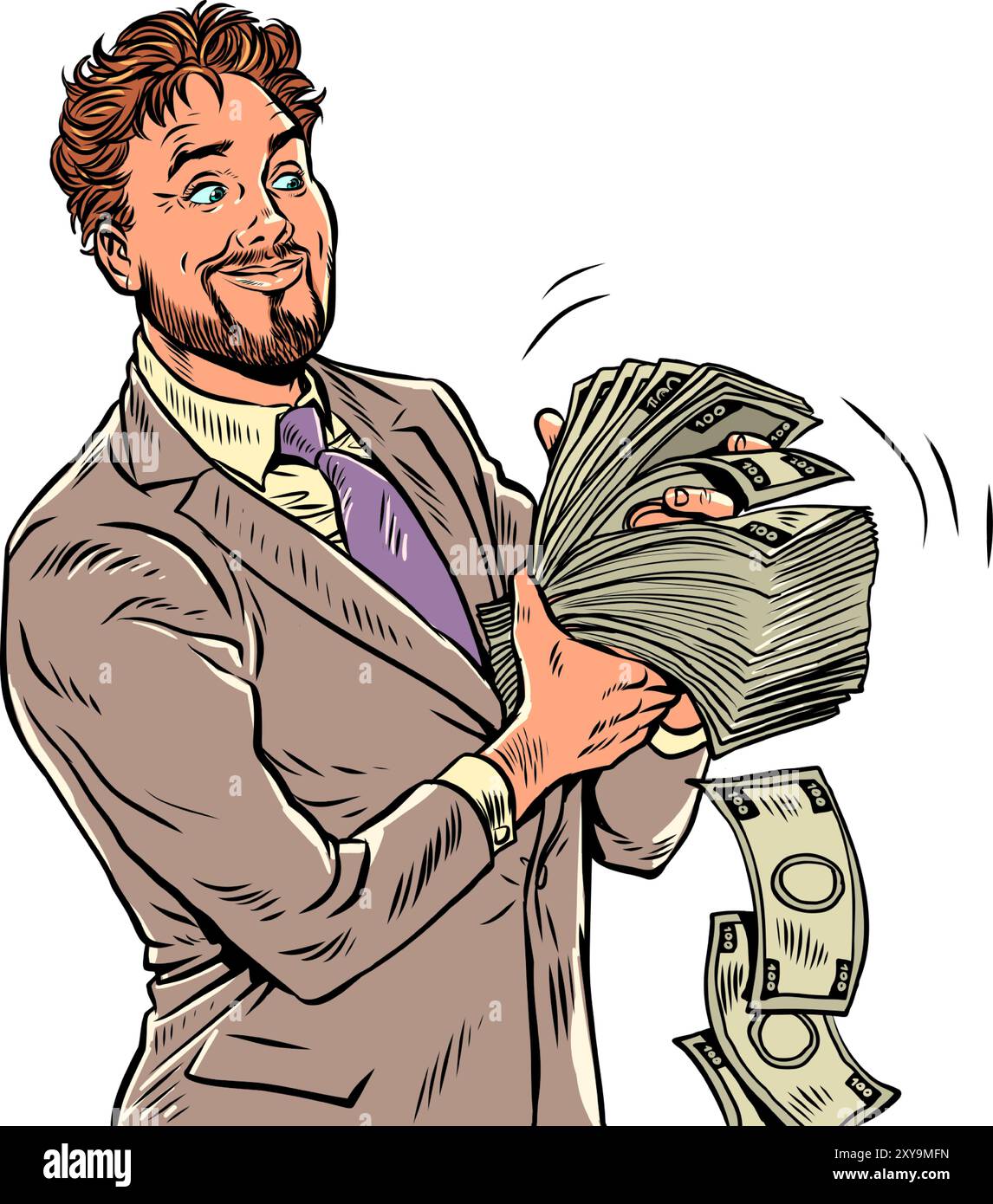 Le persone più ricche del mondo. Un uomo con una tuta conta molti soldi. Gli investimenti nelle imprese in seguito ripagano con gli interessi. Pop Art retro Illustrazione Vettoriale