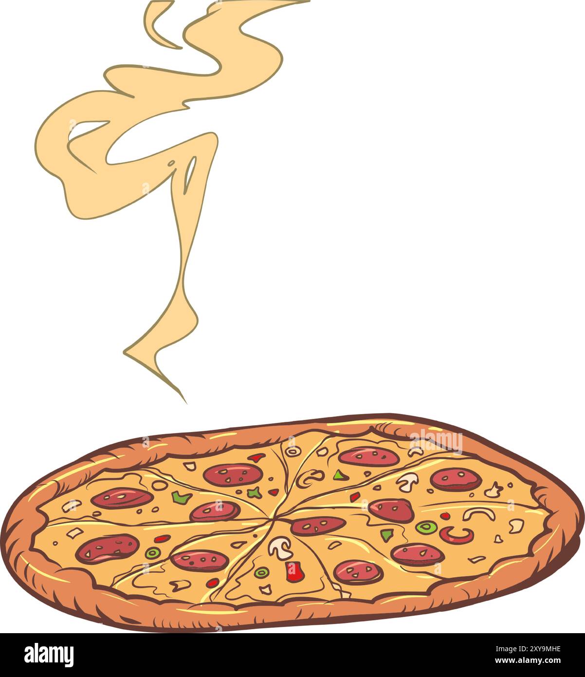 Deliziosa pizza appetitosa. Consegna rapida di fast food. Ricca cucina italiana. Pop Art retro Vector Illustration Kitsch Vintage anni '50, stile anni '60. Su un whi Illustrazione Vettoriale