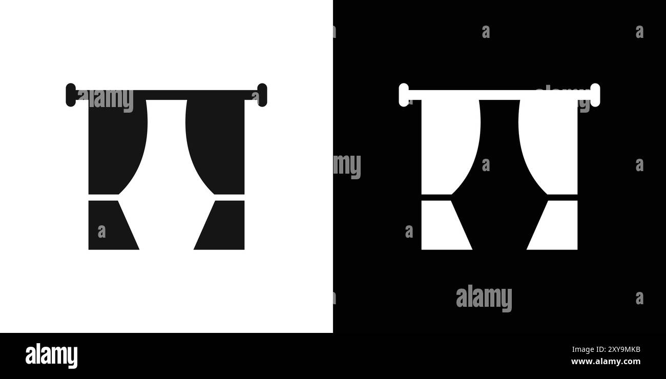 Finestra con l'icona delle tende, logo, contorno vettoriale in bianco e nero Illustrazione Vettoriale
