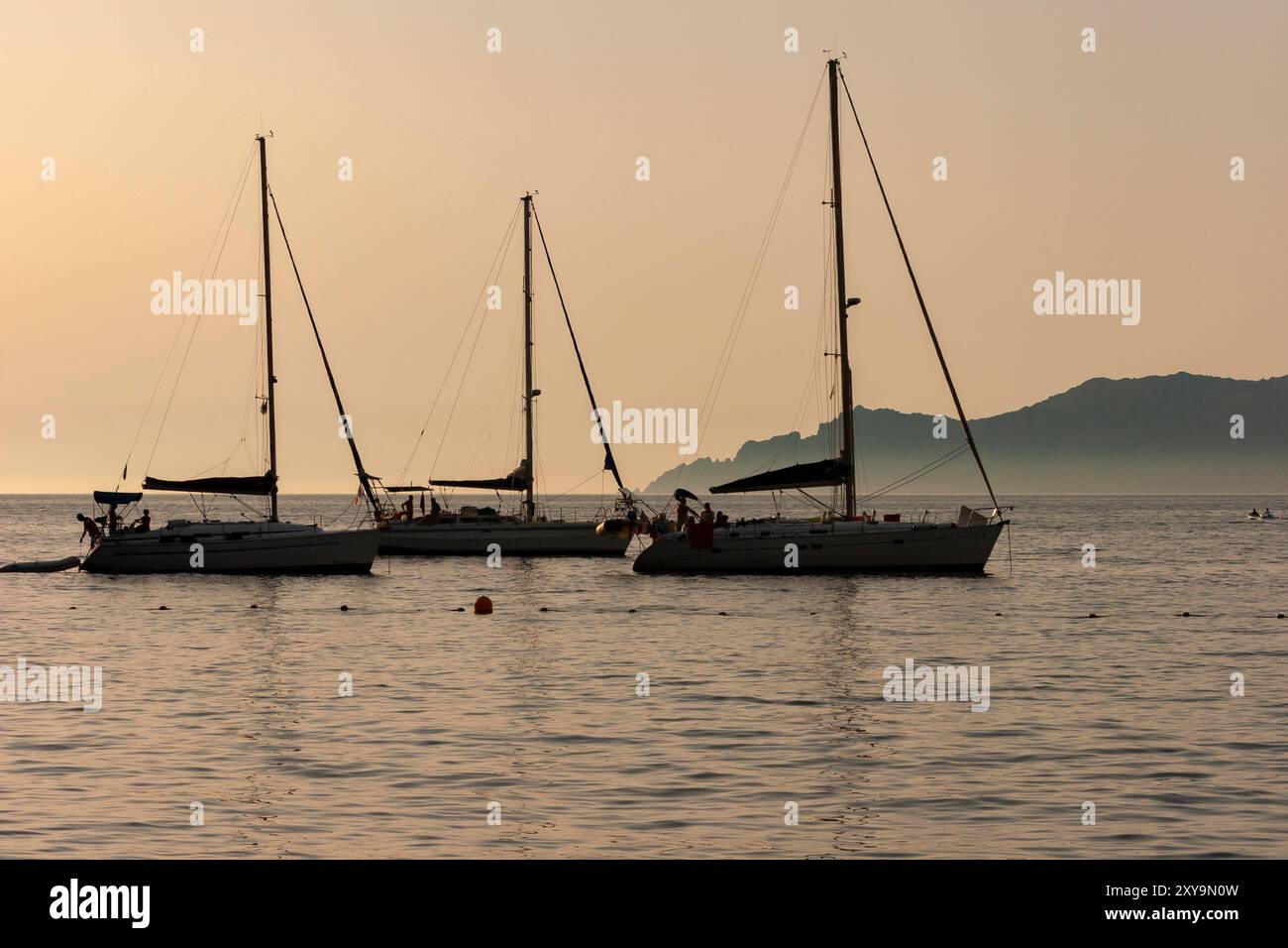 Barche a vela sullo sfondo del tramonto. Barca a vela sul mare. Barche a vela all'ancora nel Golfo di Porto in Corsica. Foto Stock