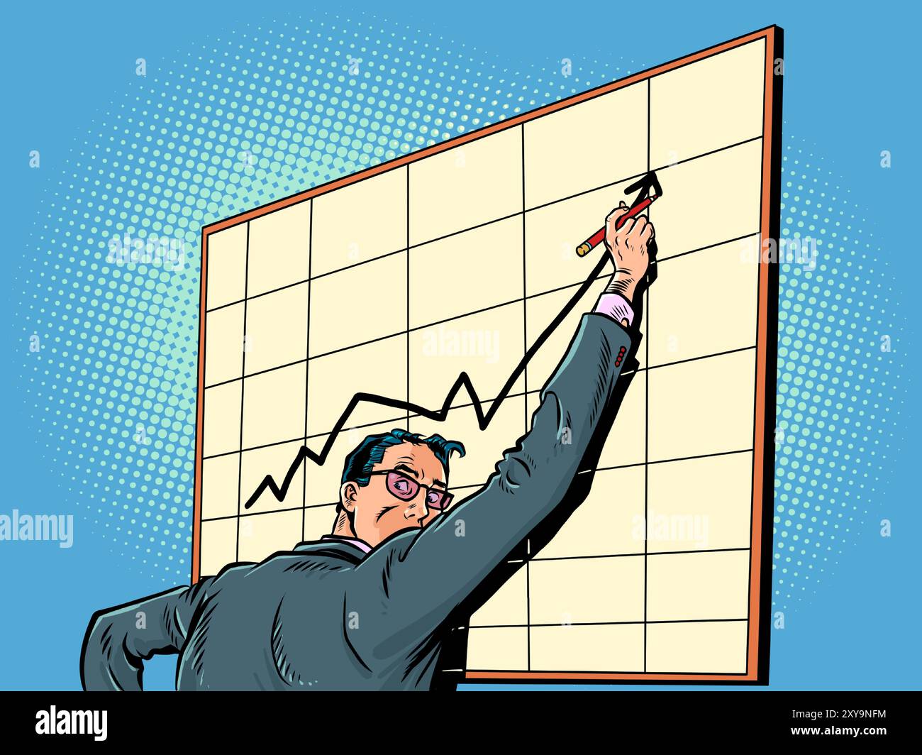 Crescita delle quote nel mercato finanziario. La carriera del dipendente si sposta in alto nella sua carriera. Un uomo in tuta si trova a un tavolo con una cartella. Pop art Illustrazione Vettoriale